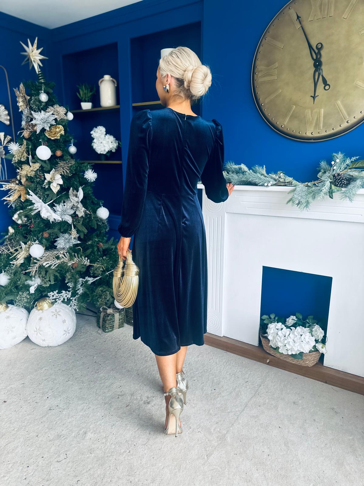 Lauren Detaild Velvet Occasion Dress Navy