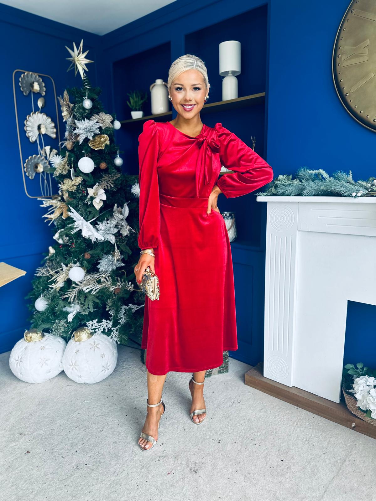 Lauren Detaild Velvet Occasion Dress Red