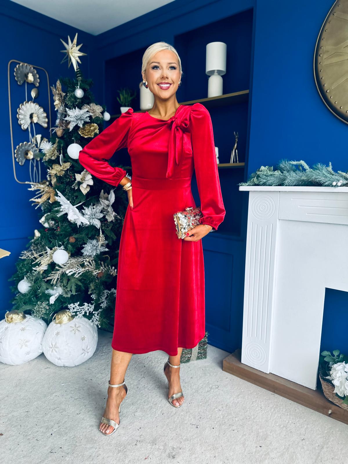 Lauren Detaild Velvet Occasion Dress Red