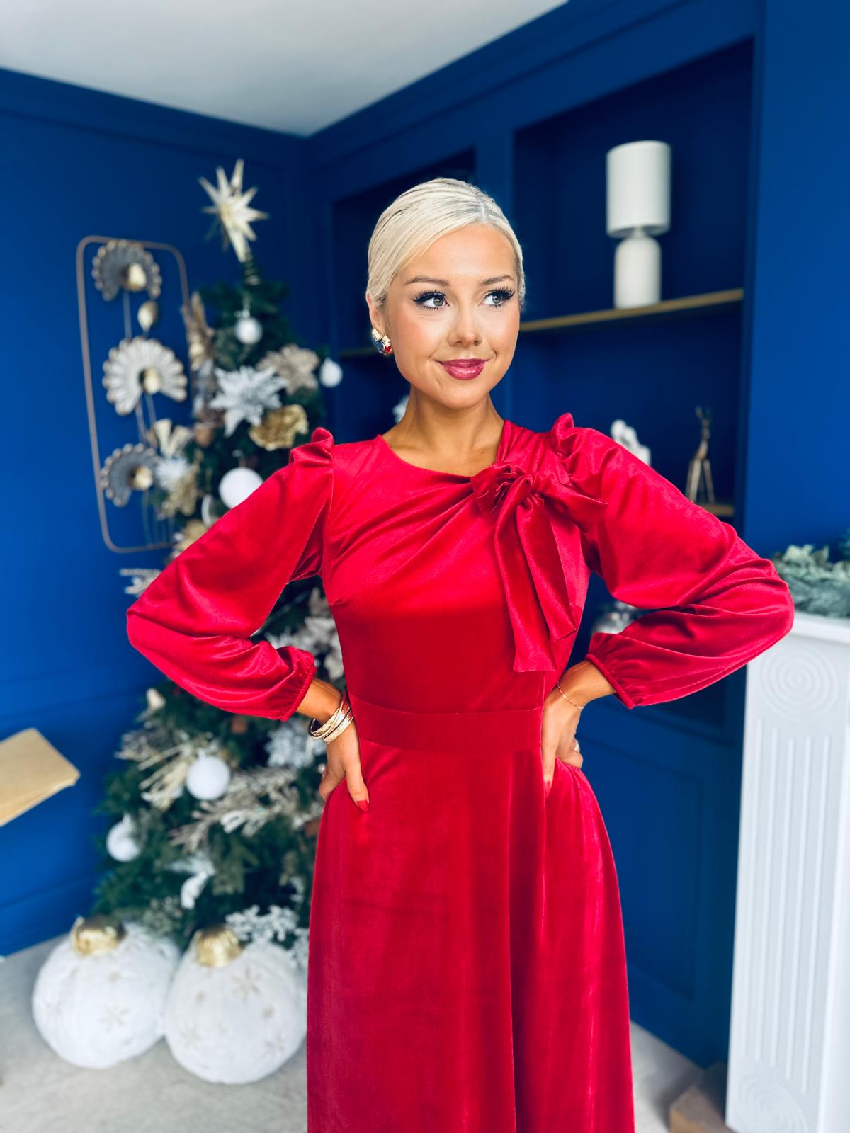 Lauren Detaild Velvet Occasion Dress Red