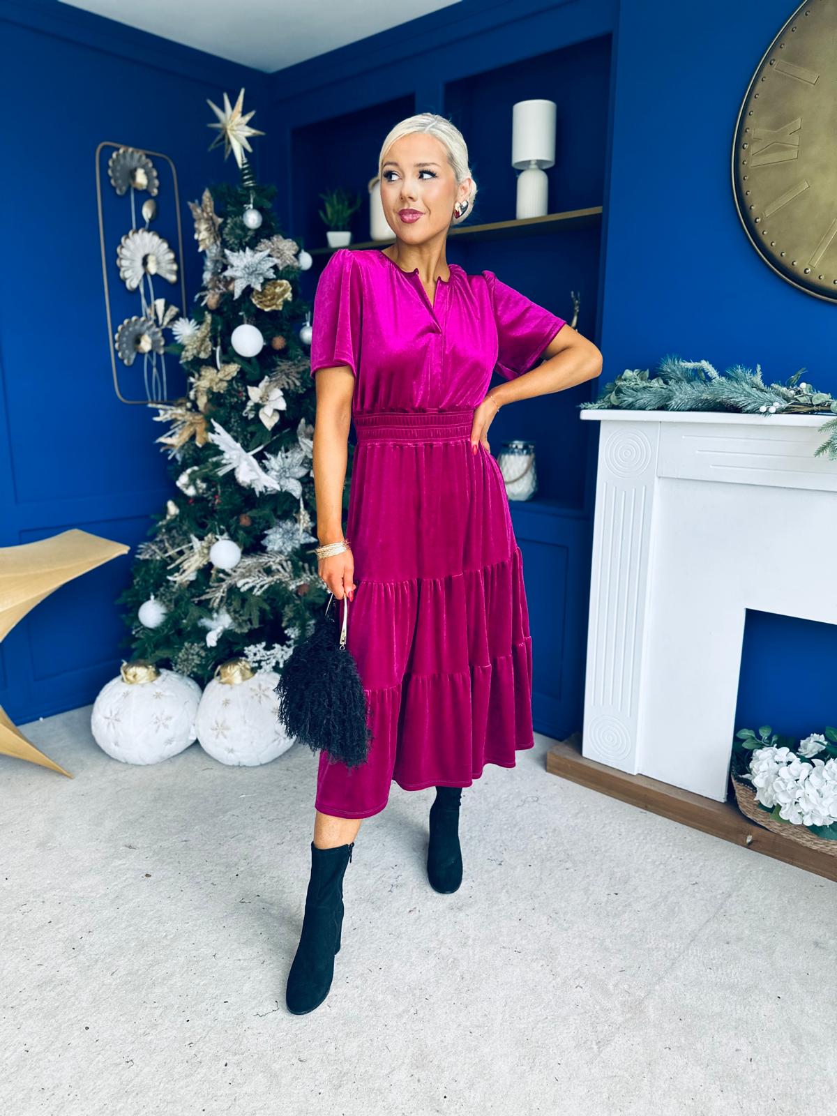 Bethany Detailed Velvet Midi Dress Orchid