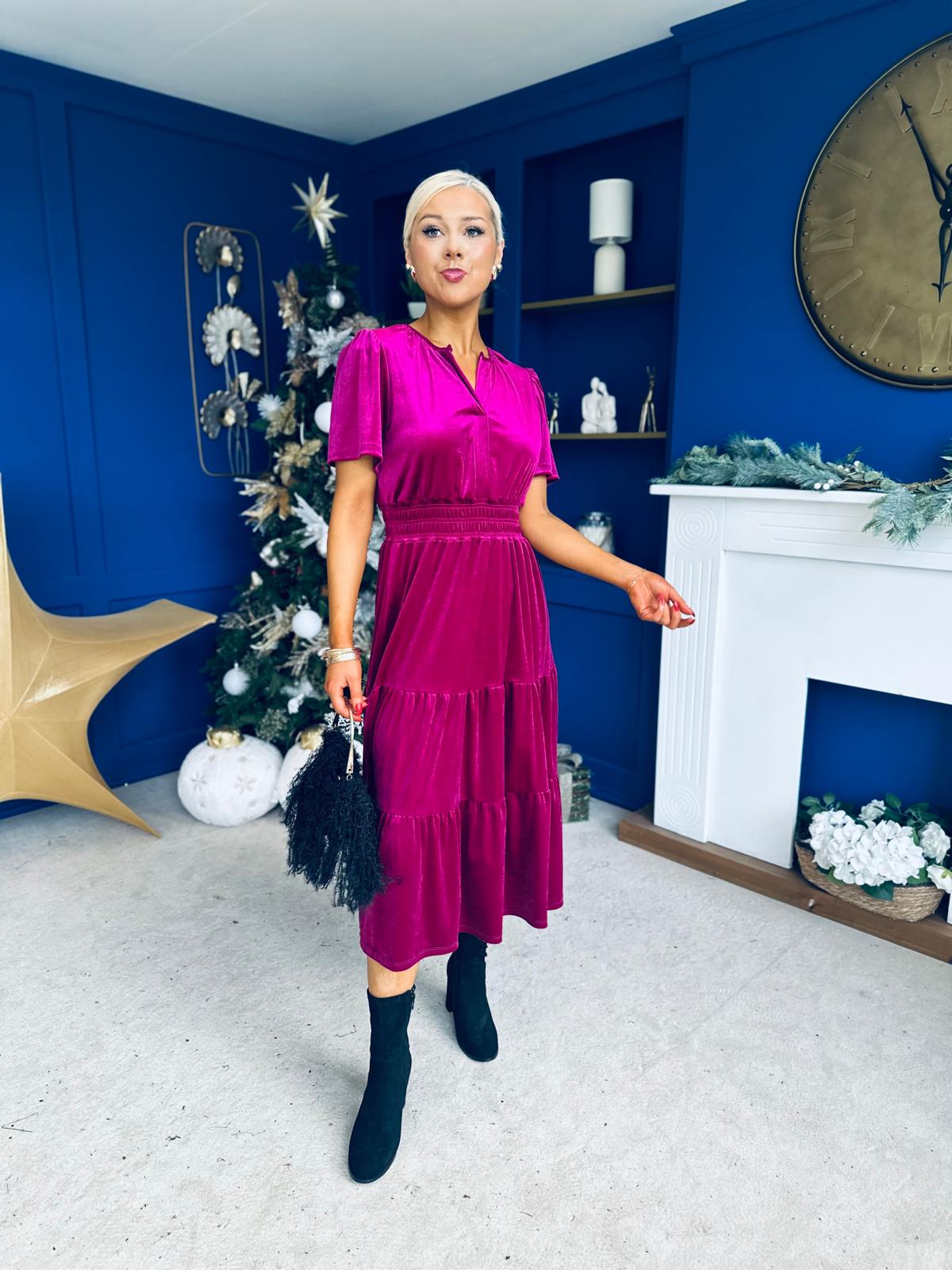 Bethany Detailed Velvet Midi Dress Orchid