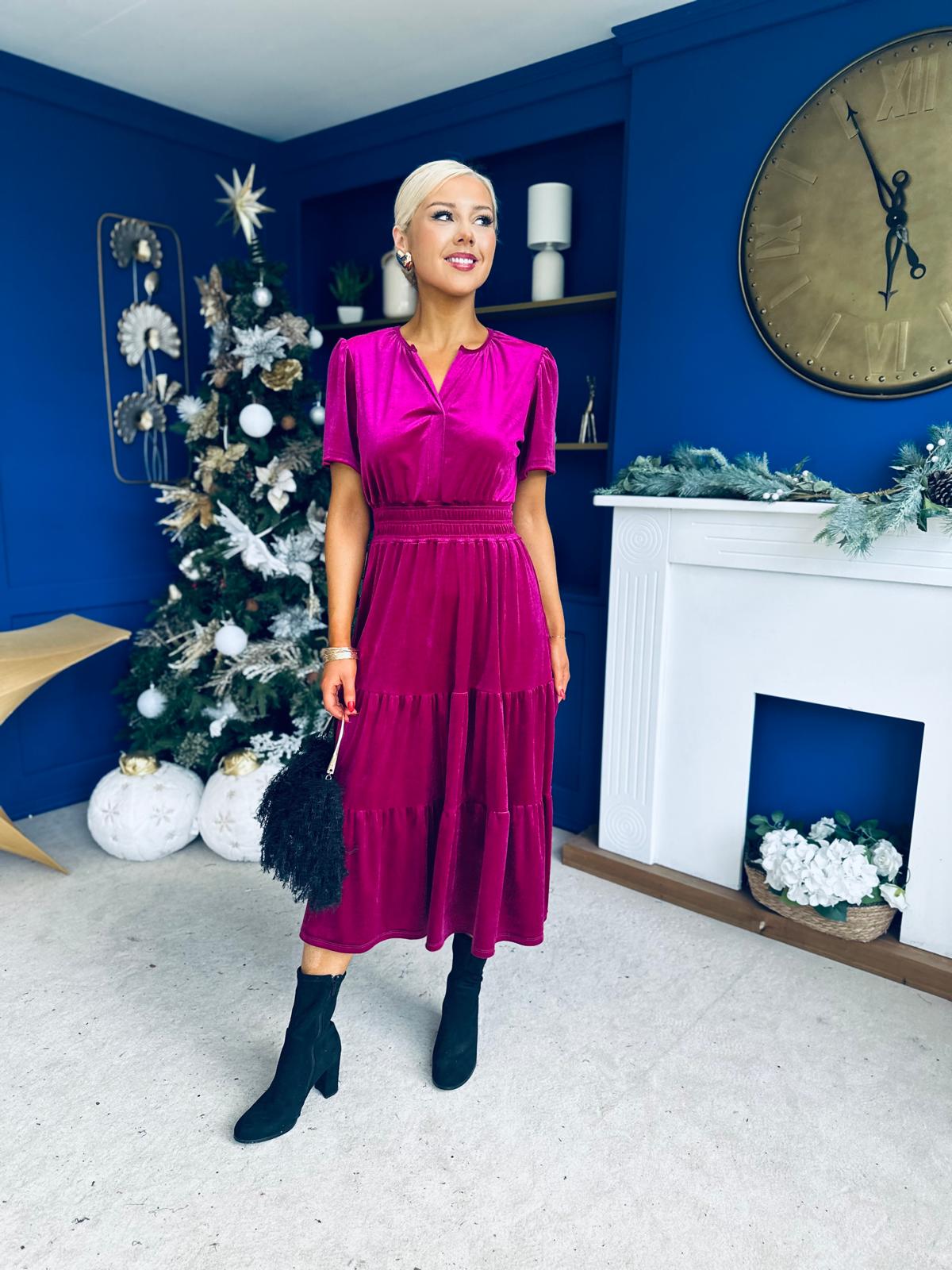 Bethany Detailed Velvet Midi Dress Orchid