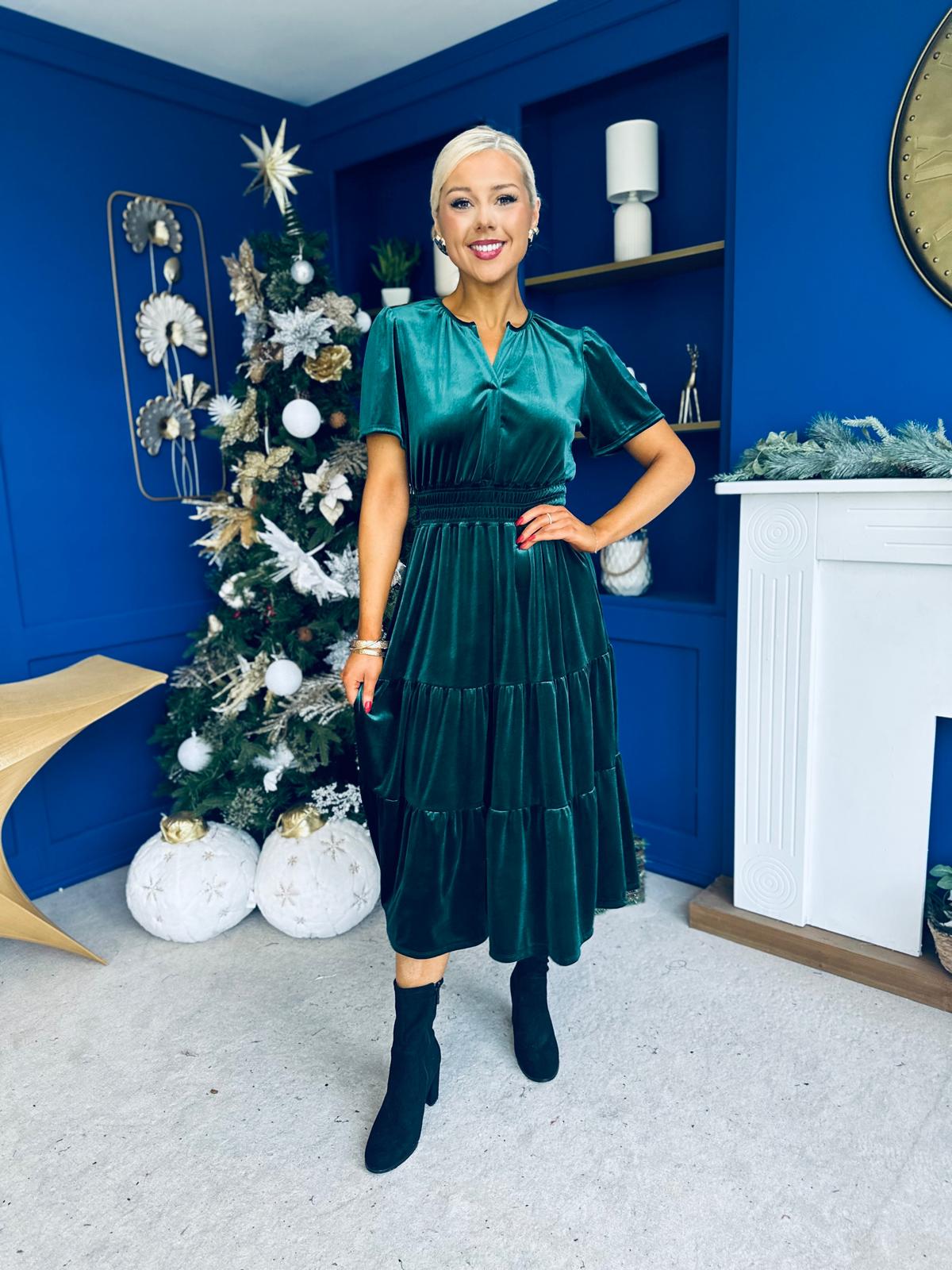 Bethany Detailed Velvet Midi Dress Forest