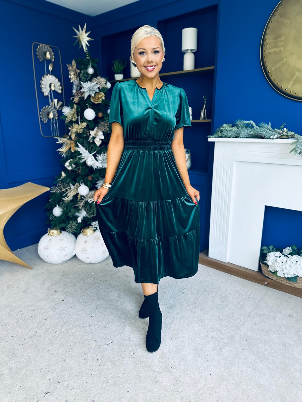 Bethany Detailed Velvet Midi Dress Forest