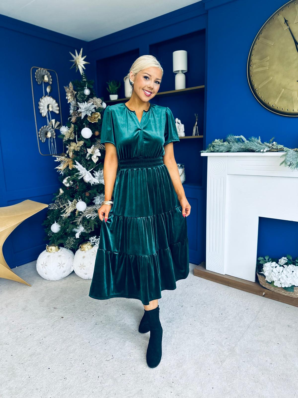 Bethany Detailed Velvet Midi Dress Forest