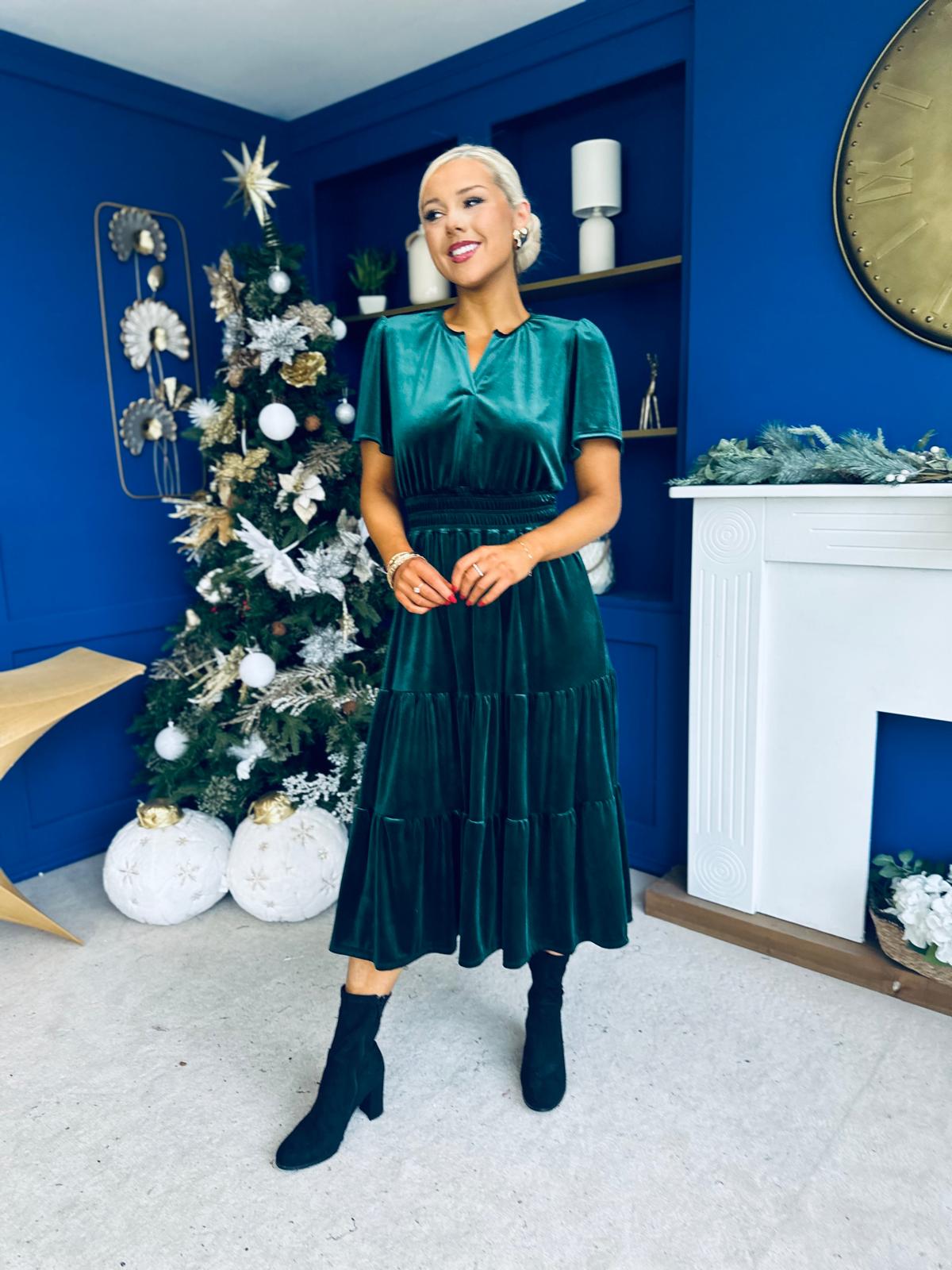 Bethany Detailed Velvet Midi Dress Forest