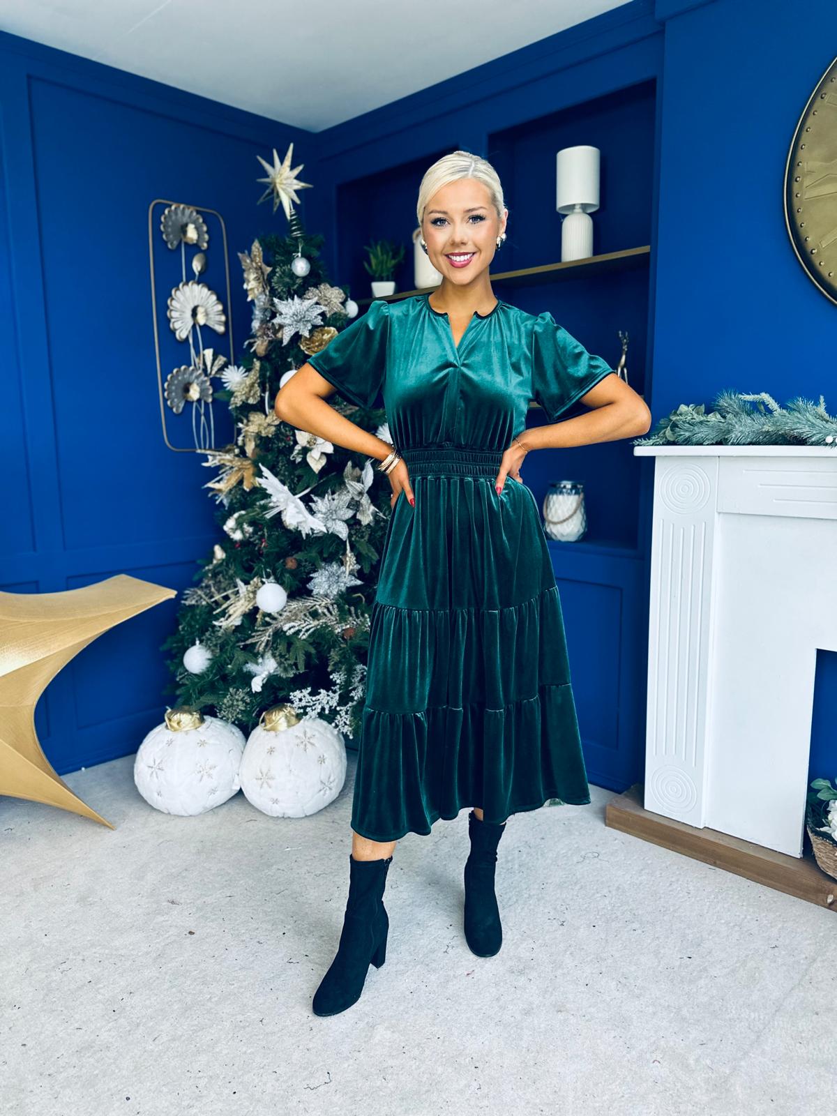 Bethany Detailed Velvet Midi Dress Forest