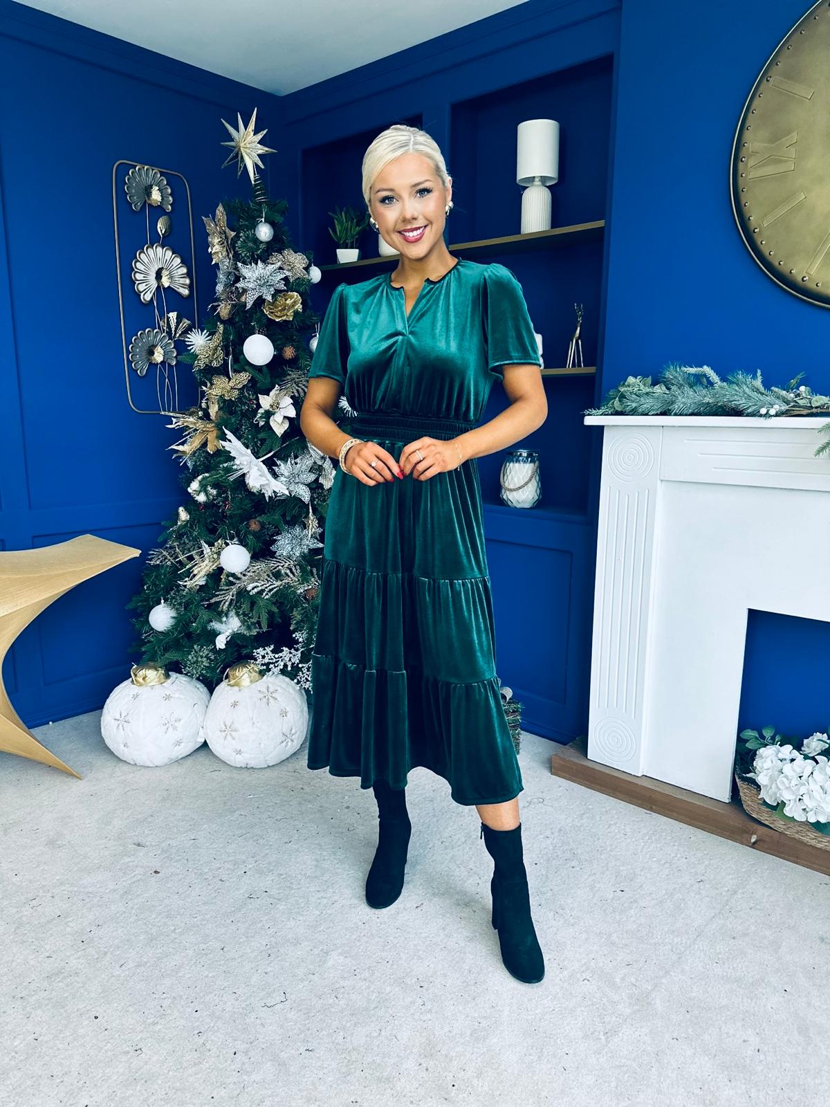 Bethany Detailed Velvet Midi Dress Forest