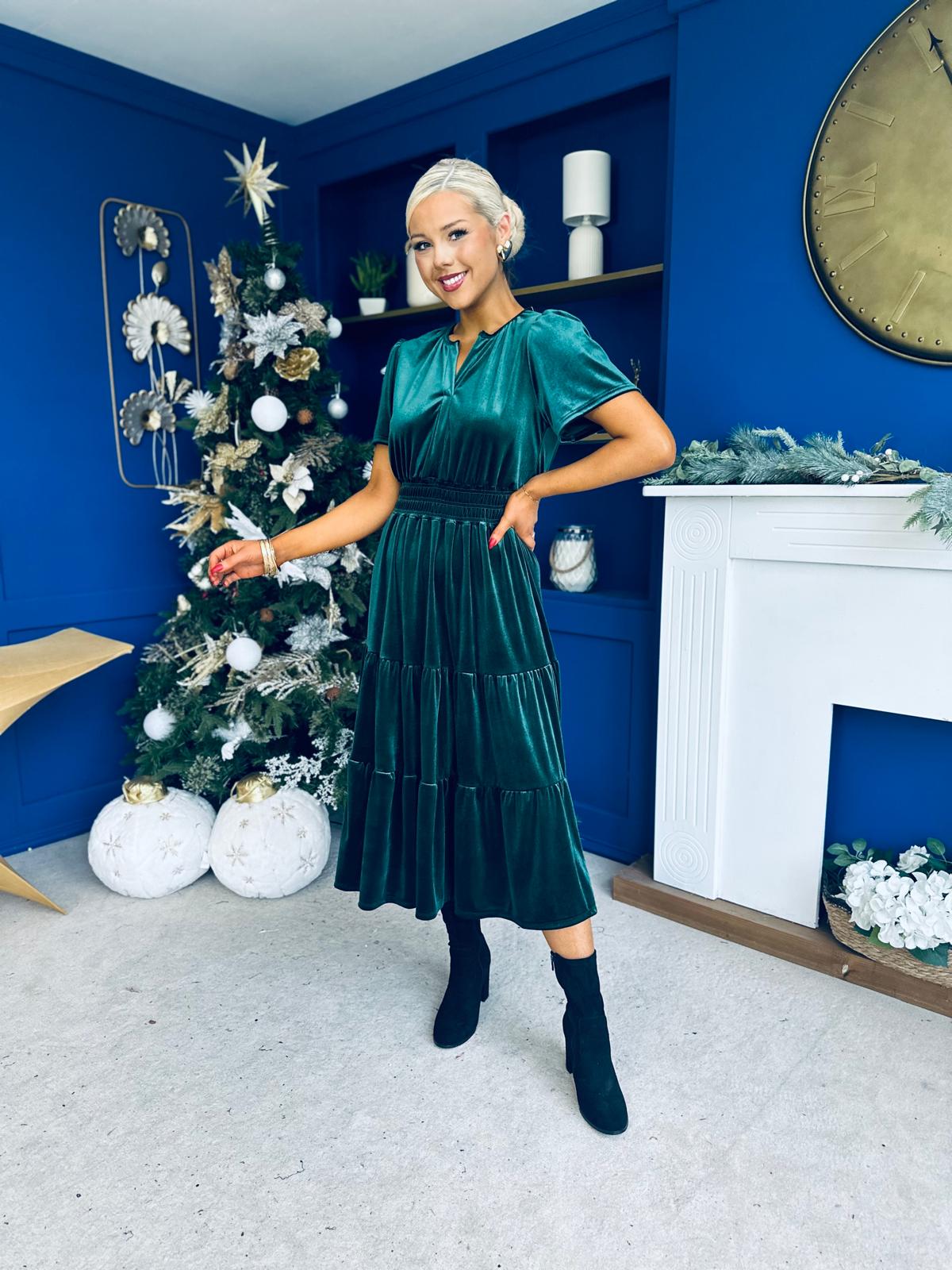 Bethany Detailed Velvet Midi Dress Forest