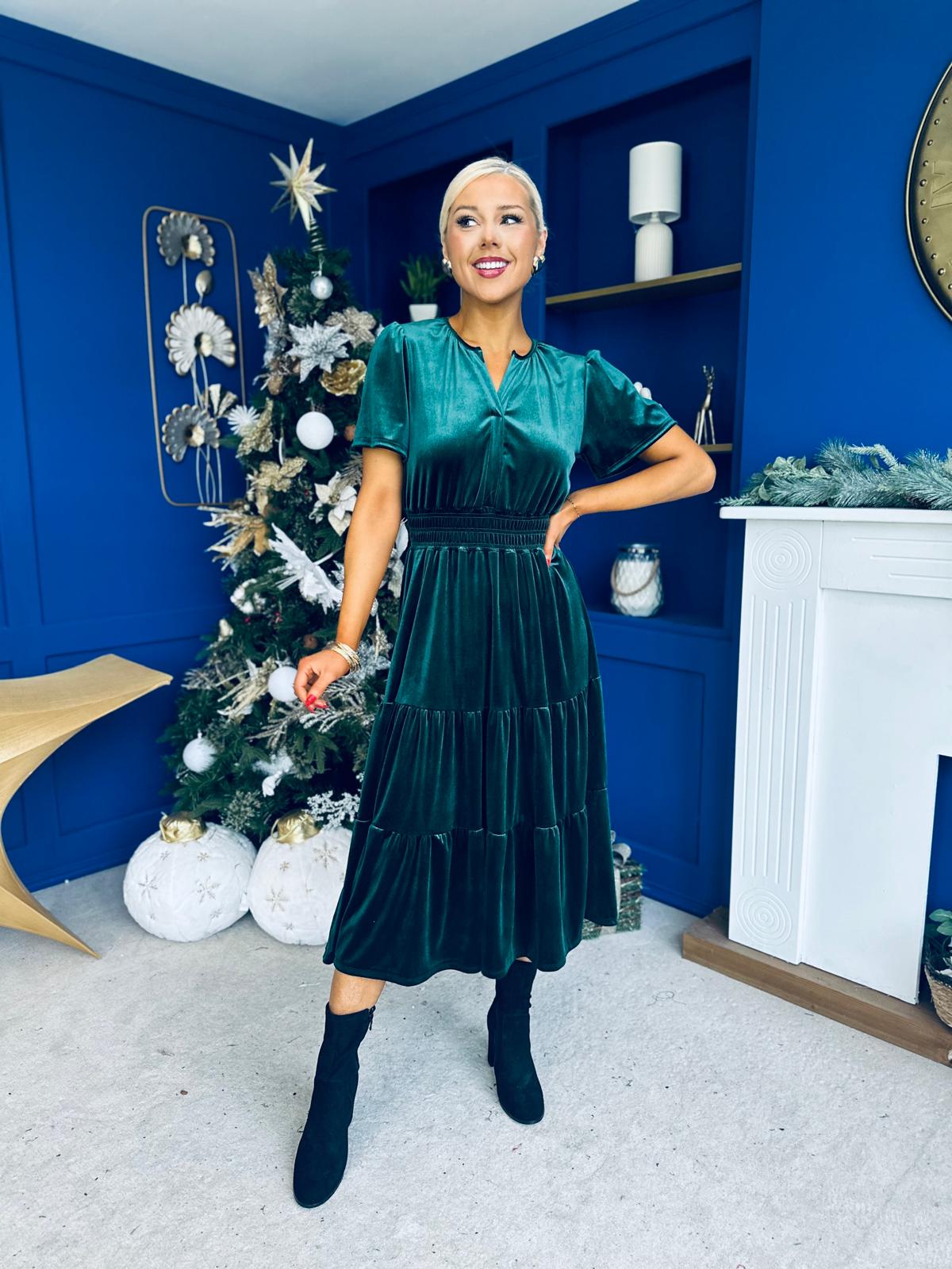 Bethany Detailed Velvet Midi Dress Forest