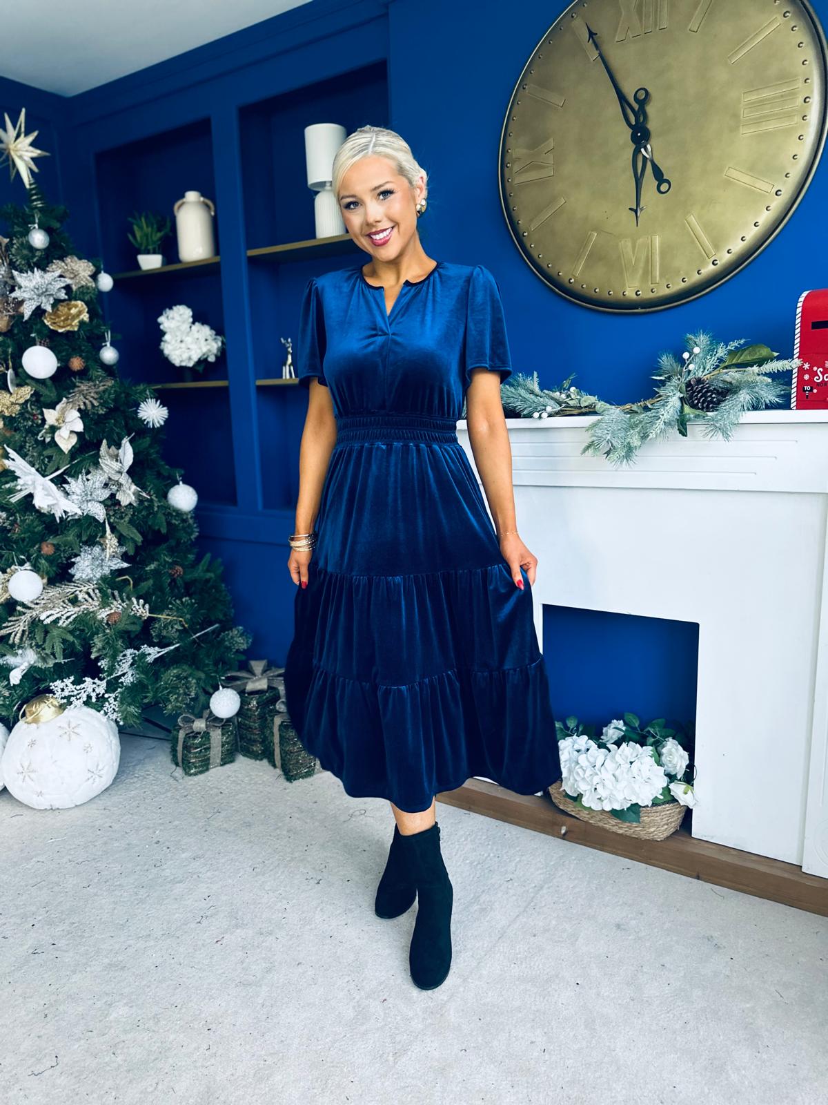 Bethany Detailed Velvet Midi Dress Navy