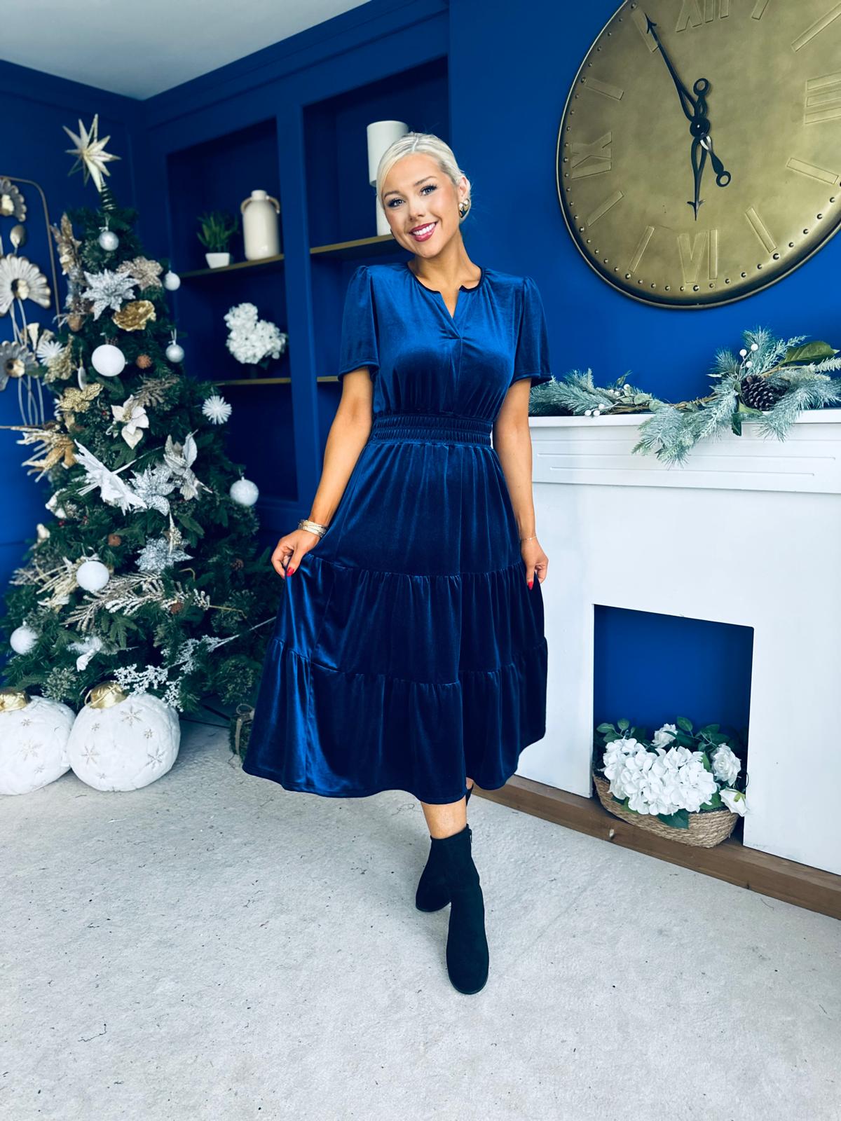 Bethany Detailed Velvet Midi Dress Navy