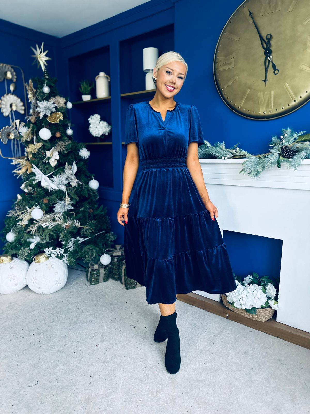 Bethany Detailed Velvet Midi Dress Navy