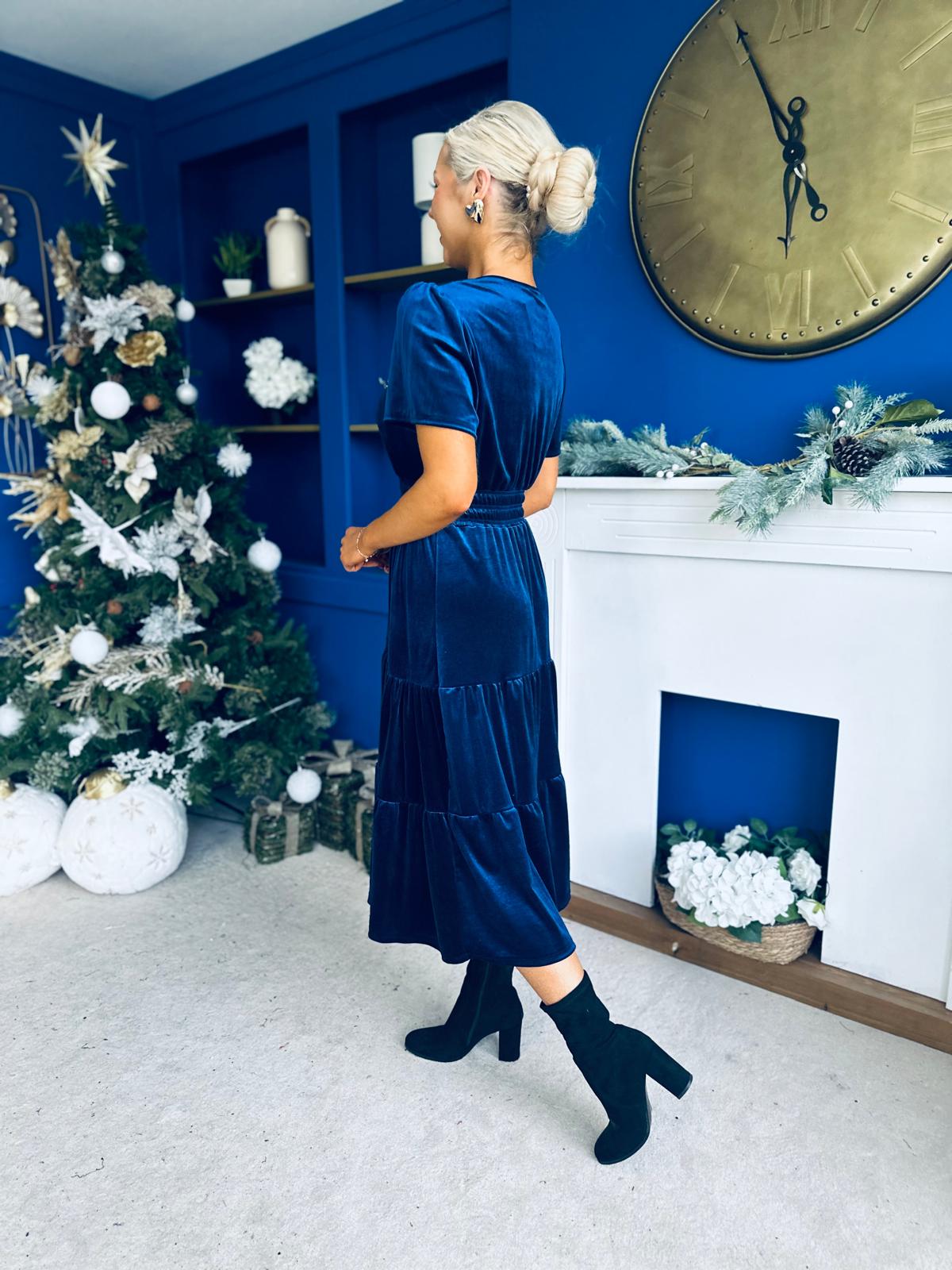 Bethany Detailed Velvet Midi Dress Navy