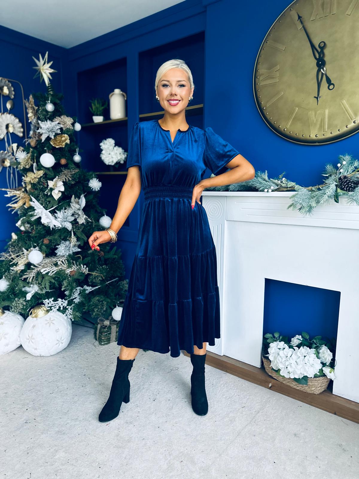 Bethany Detailed Velvet Midi Dress Navy