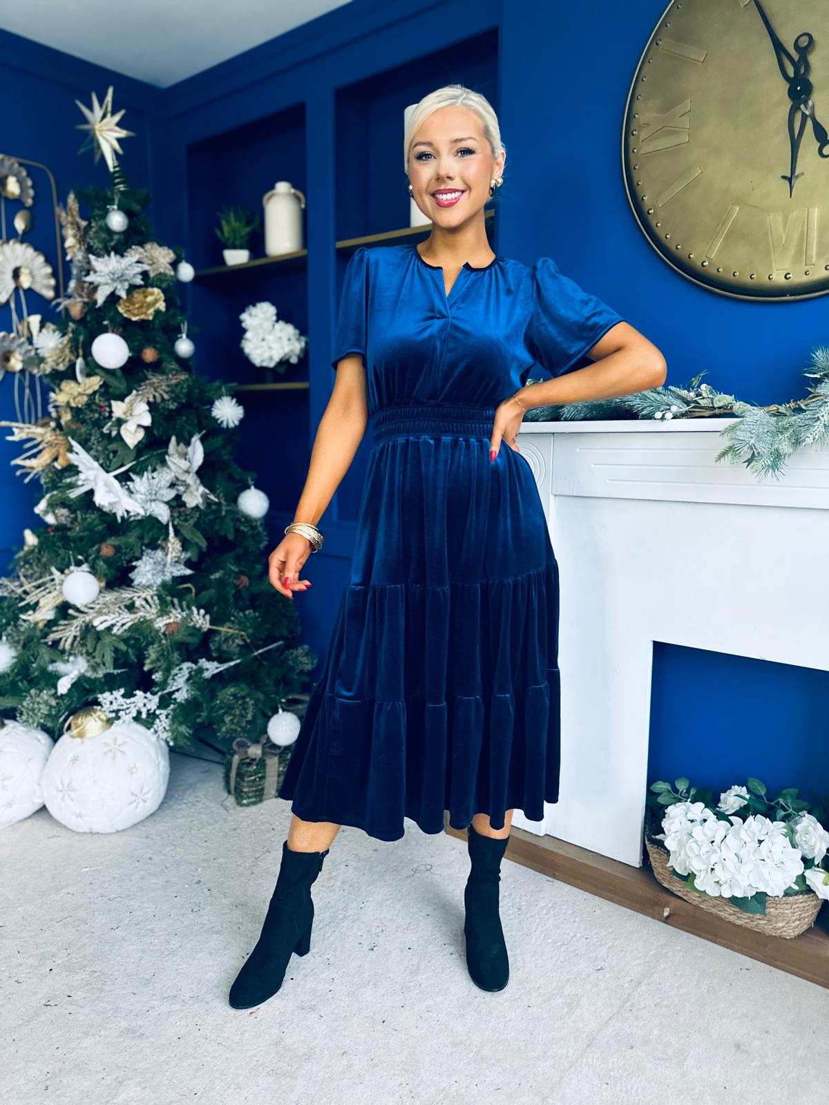 Bethany Detailed Velvet Midi Dress Navy
