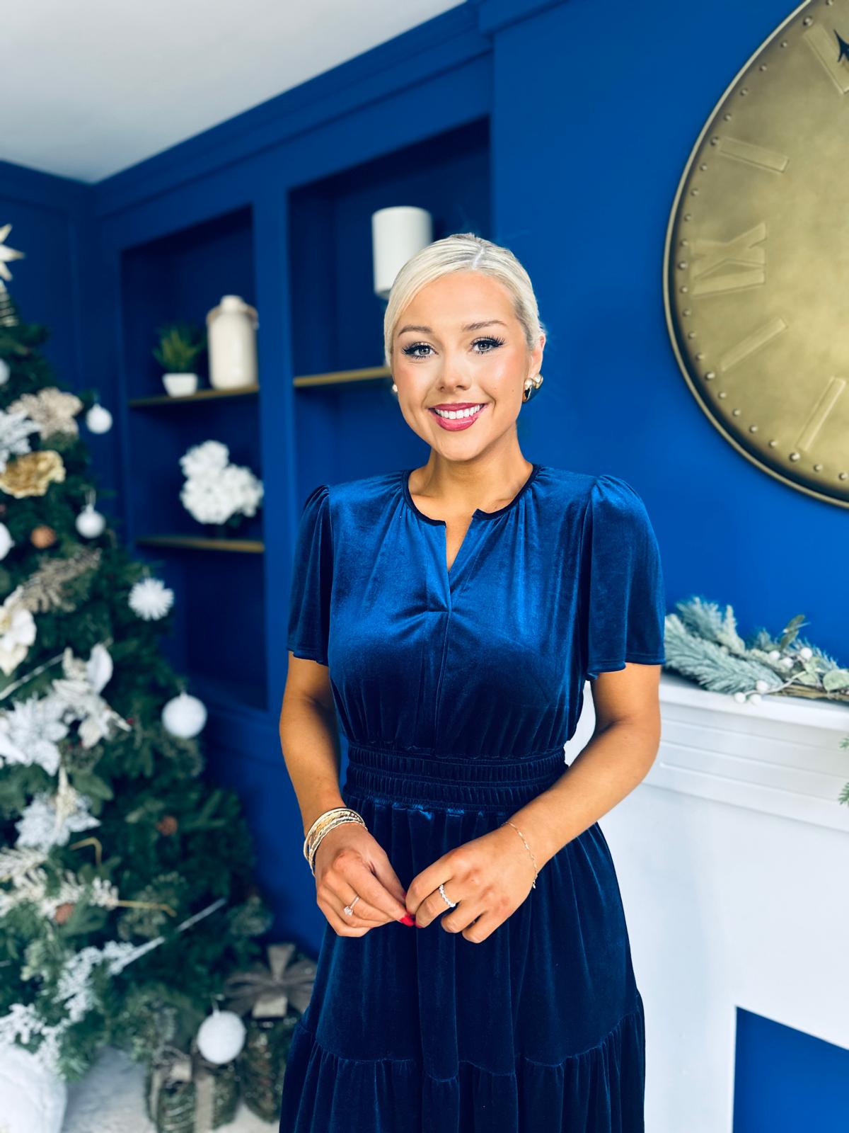 Bethany Detailed Velvet Midi Dress Navy