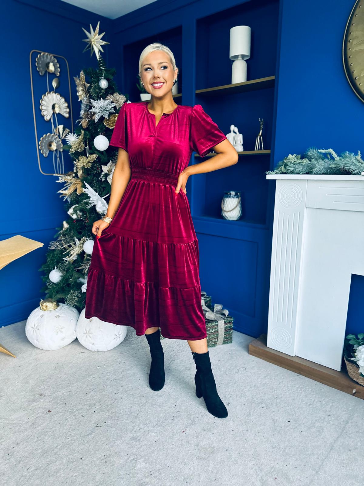 Bethany Detailed Velvet Midi Dress Wine