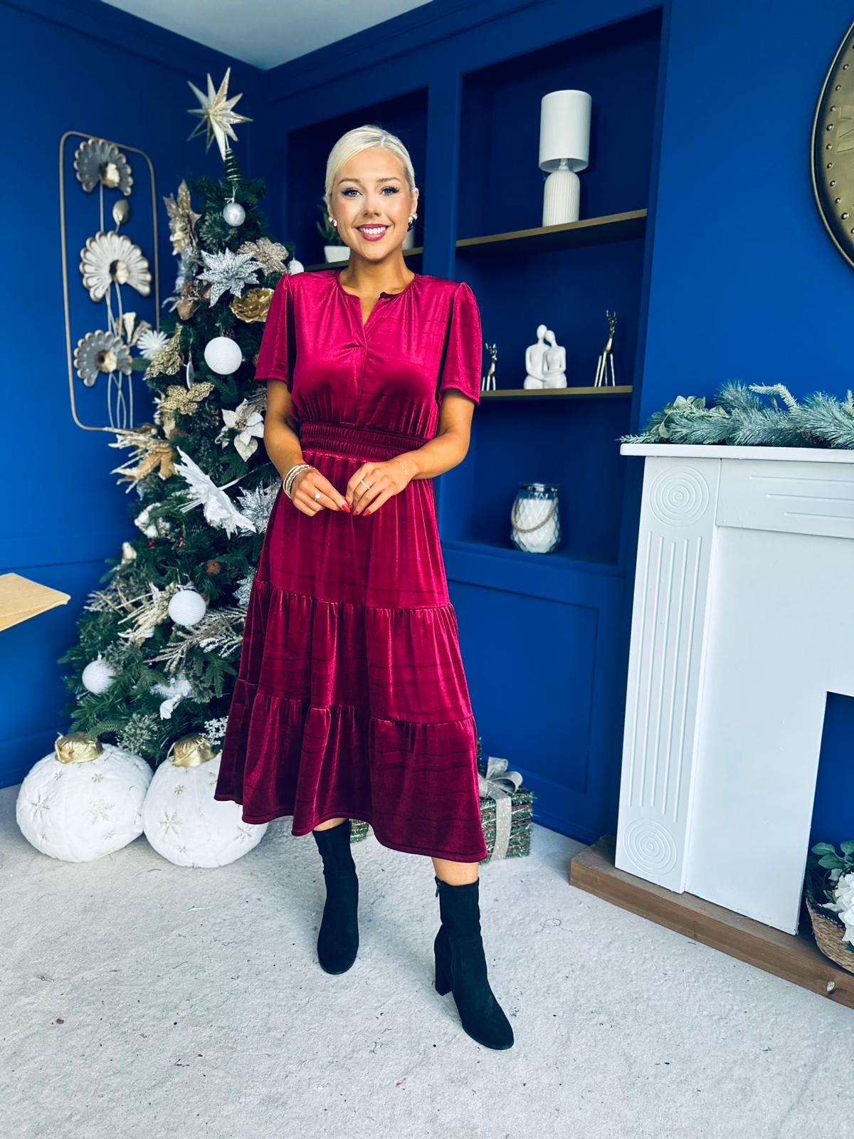 Bethany Detailed Velvet Midi Dress Wine