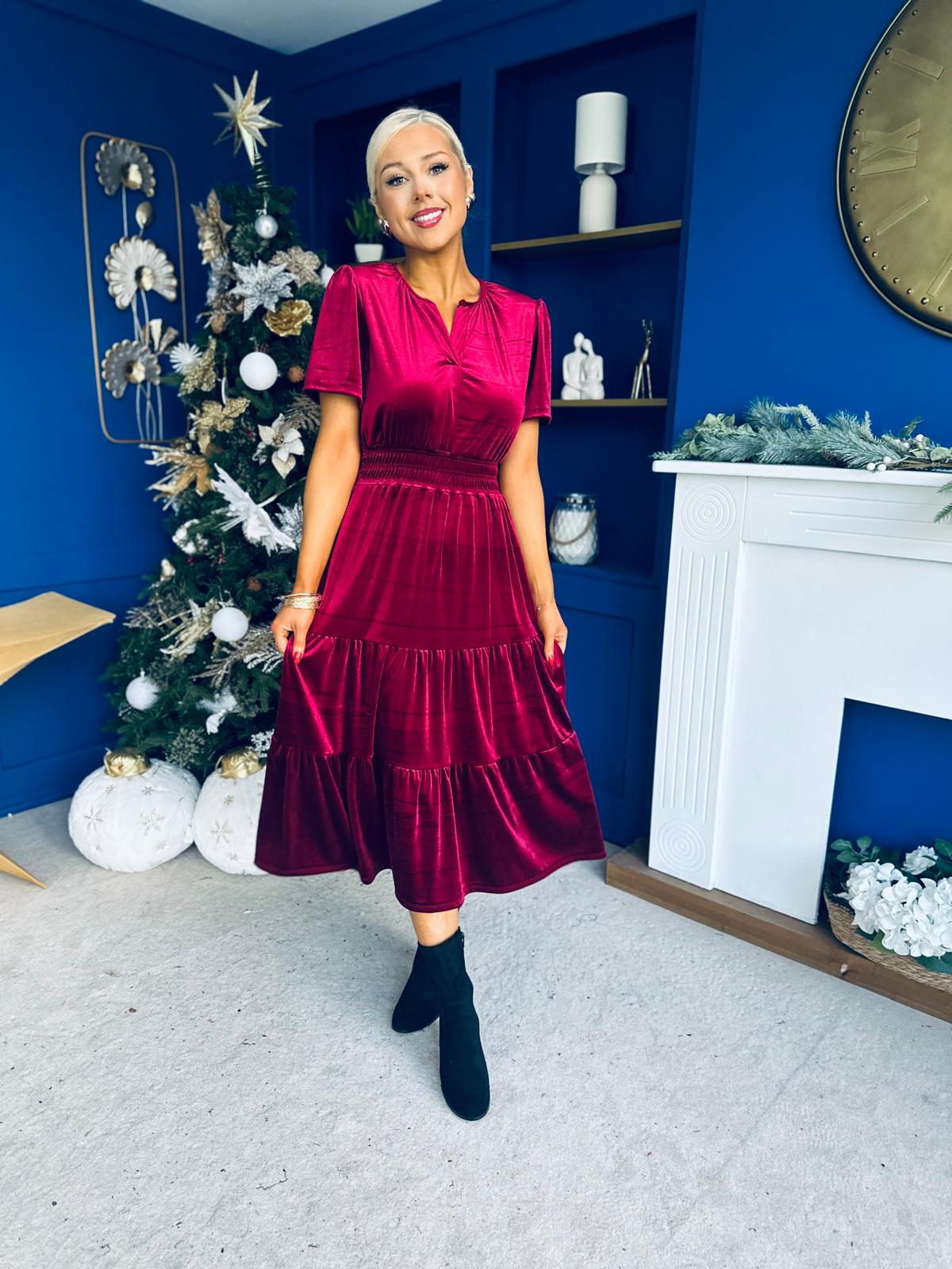 Bethany Detailed Velvet Midi Dress Wine