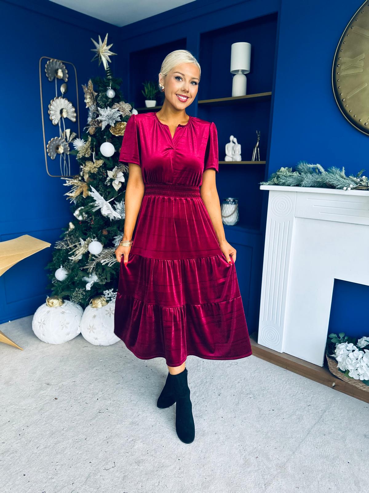 Bethany Detailed Velvet Midi Dress Wine