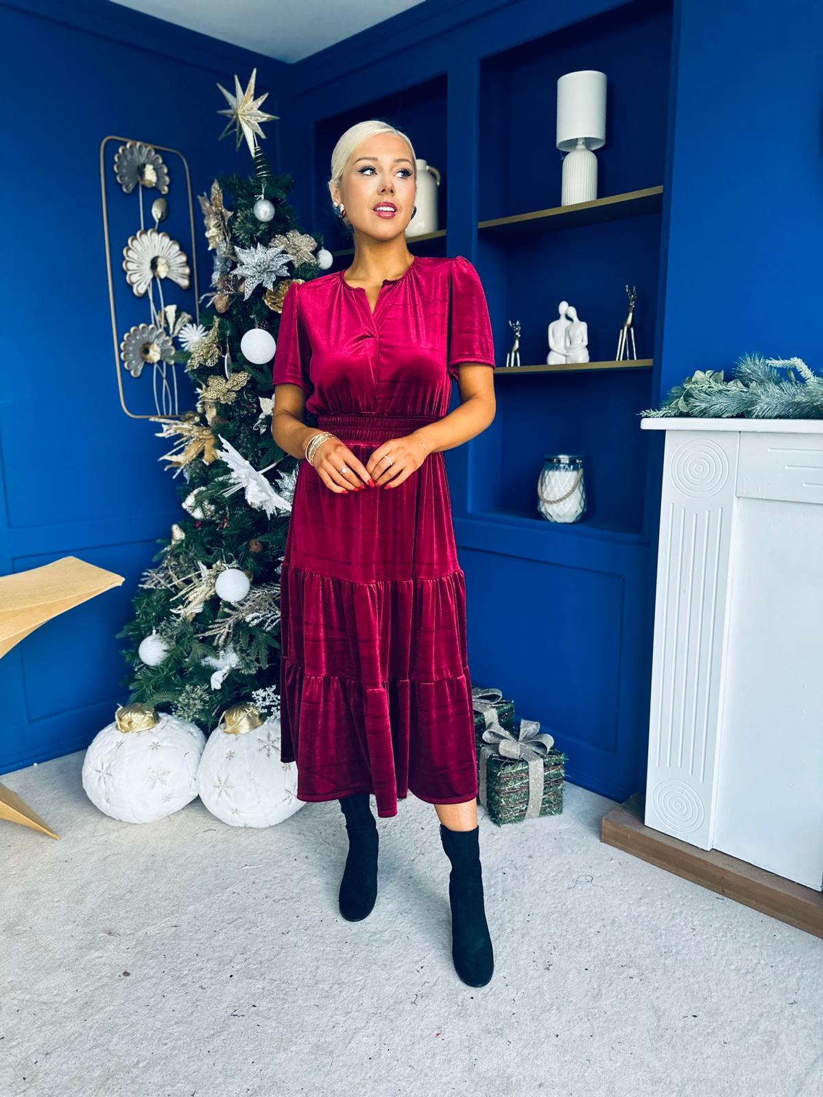 Bethany Detailed Velvet Midi Dress Wine