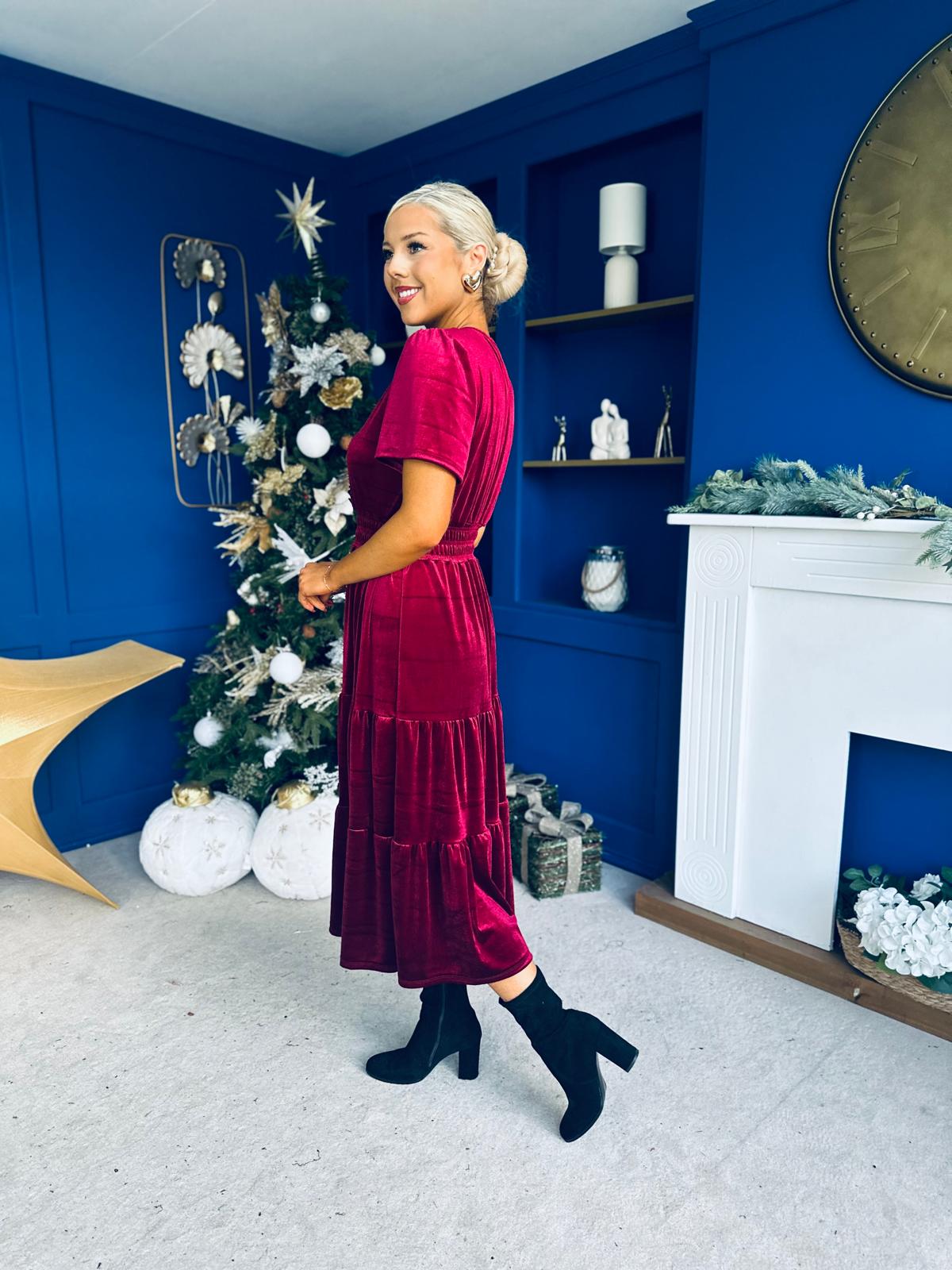 Bethany Detailed Velvet Midi Dress Wine