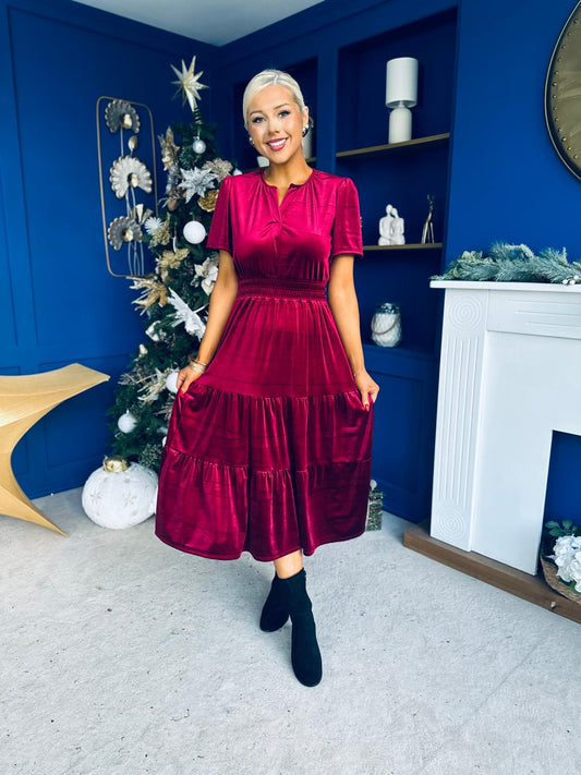 Bethany Detailed Velvet Midi Dress Wine