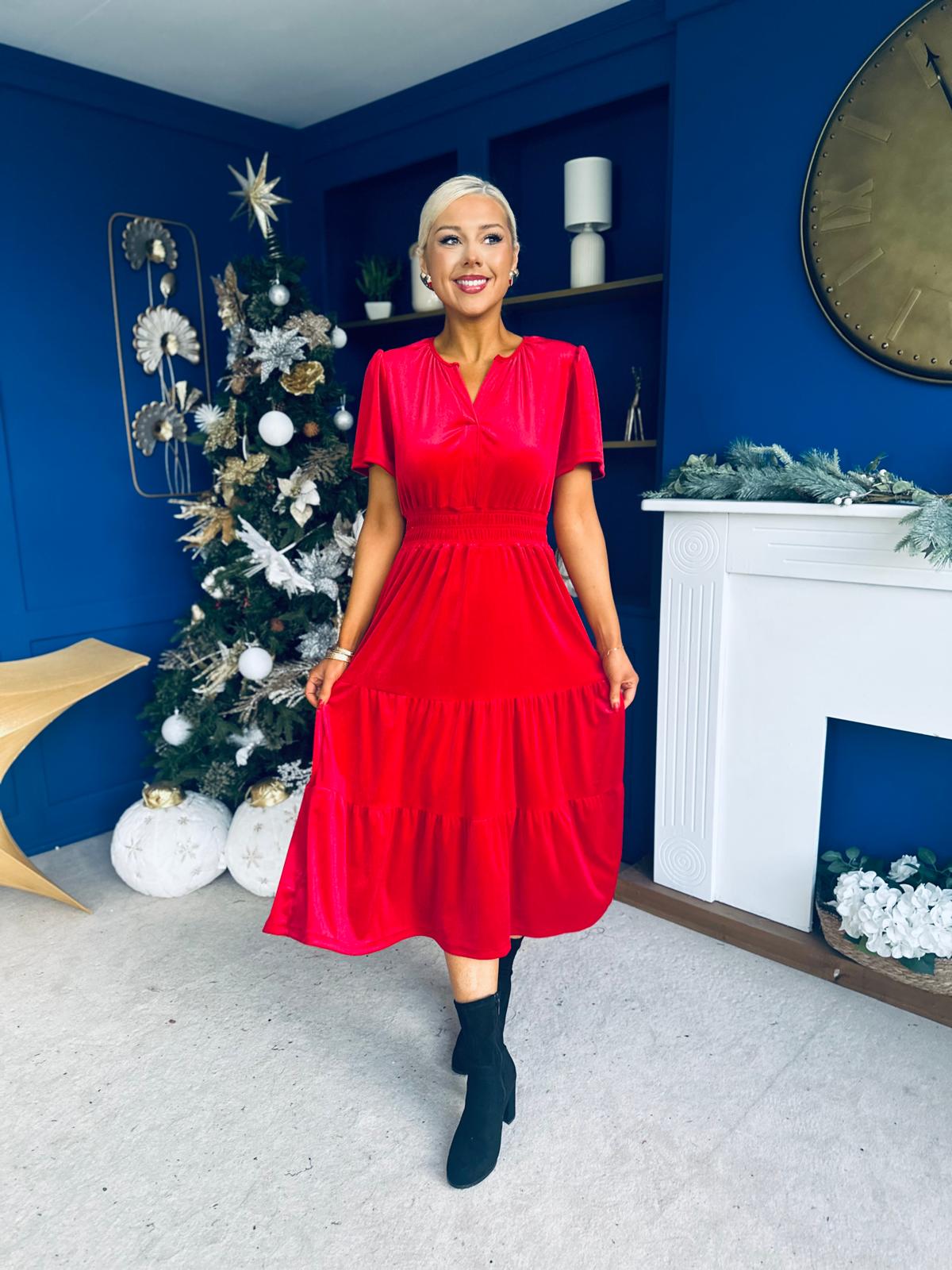 Bethany Detailed Velvet Midi Dress Red