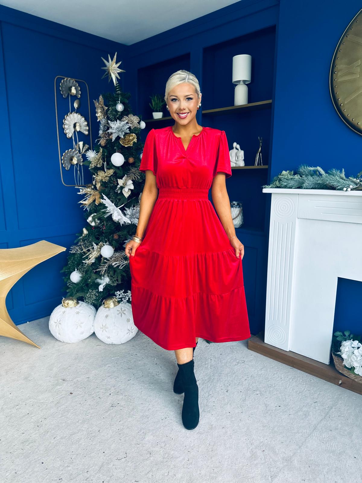 Bethany Detailed Velvet Midi Dress Red