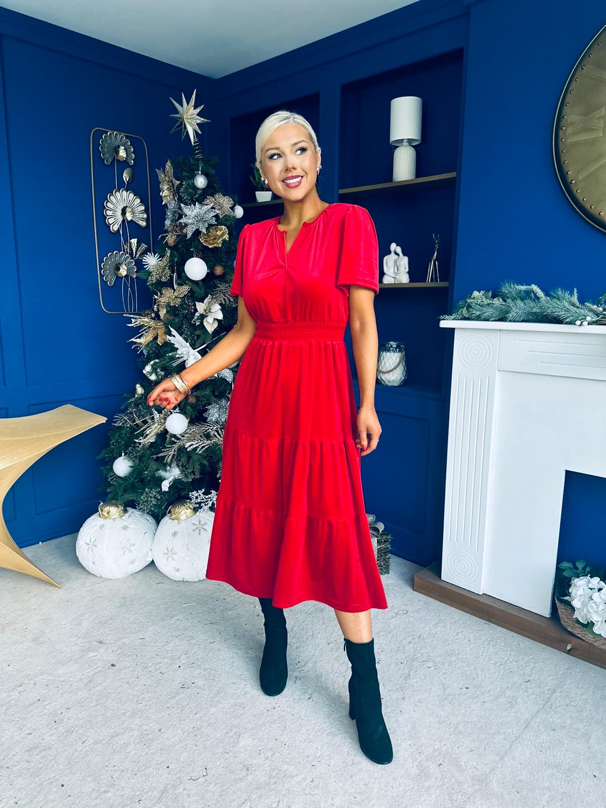 Bethany Detailed Velvet Midi Dress Red