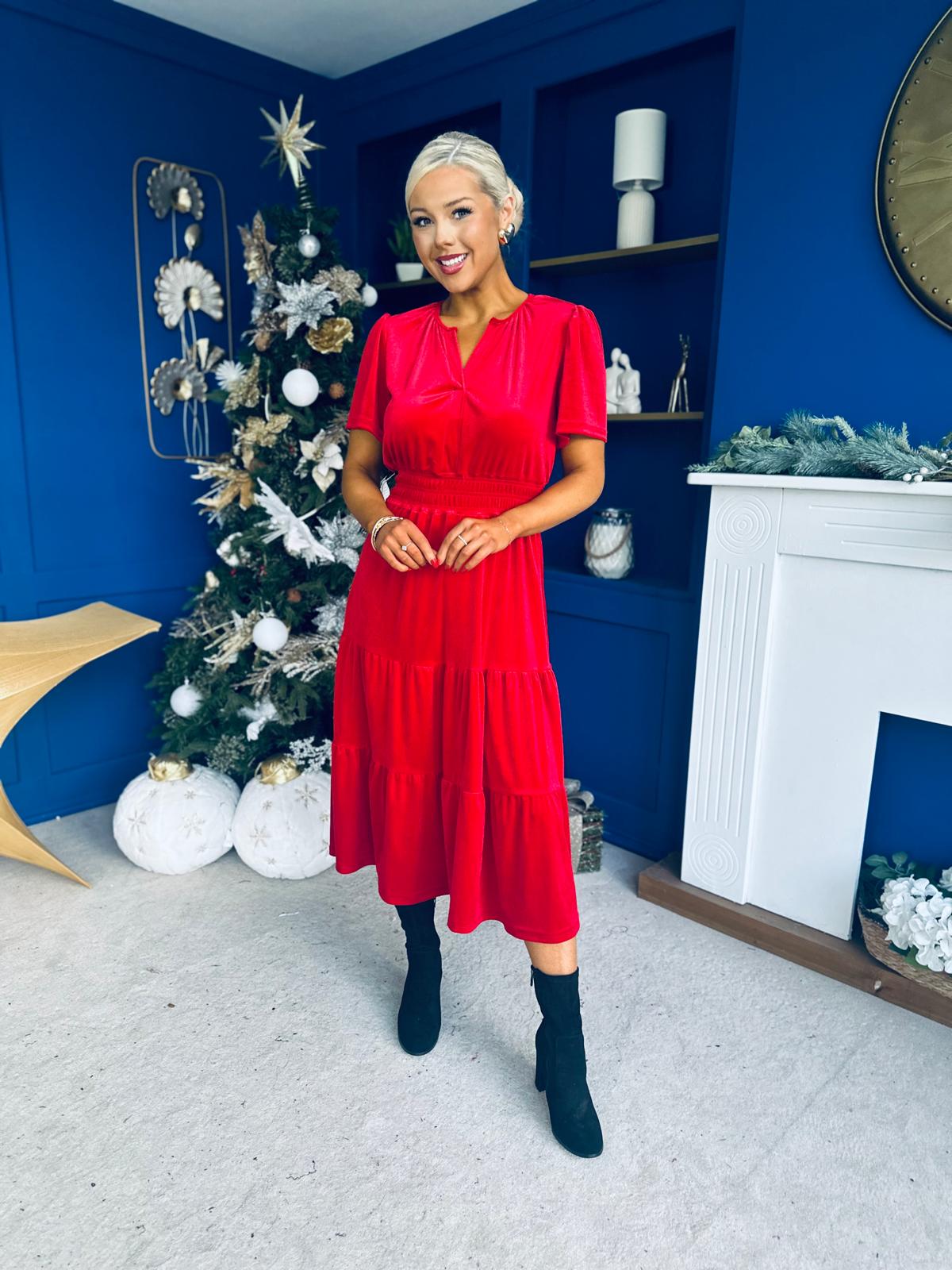 Bethany Detailed Velvet Midi Dress Red