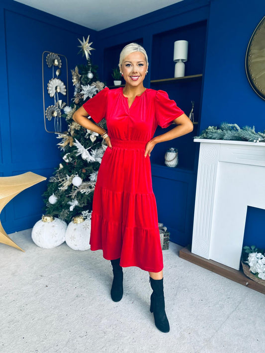 Bethany Detailed Velvet Midi Dress Red