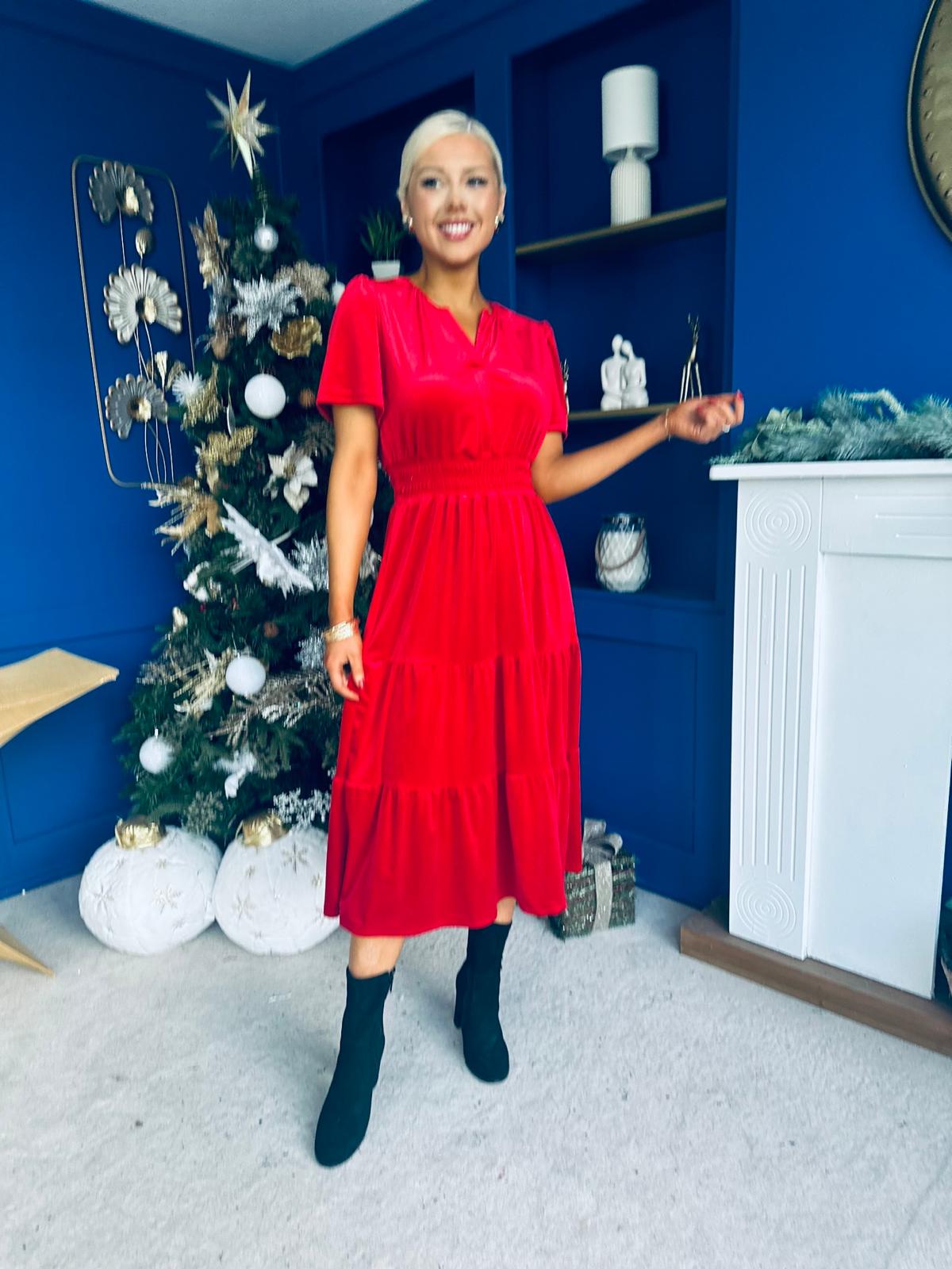 Bethany Detailed Velvet Midi Dress Red