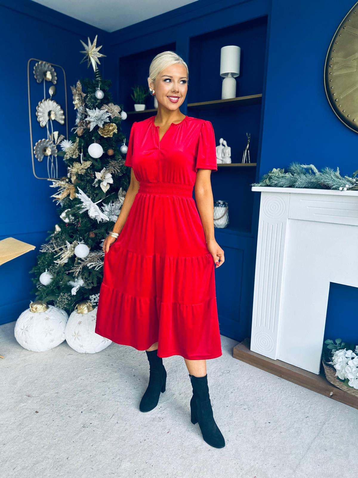 Bethany Detailed Velvet Midi Dress Red