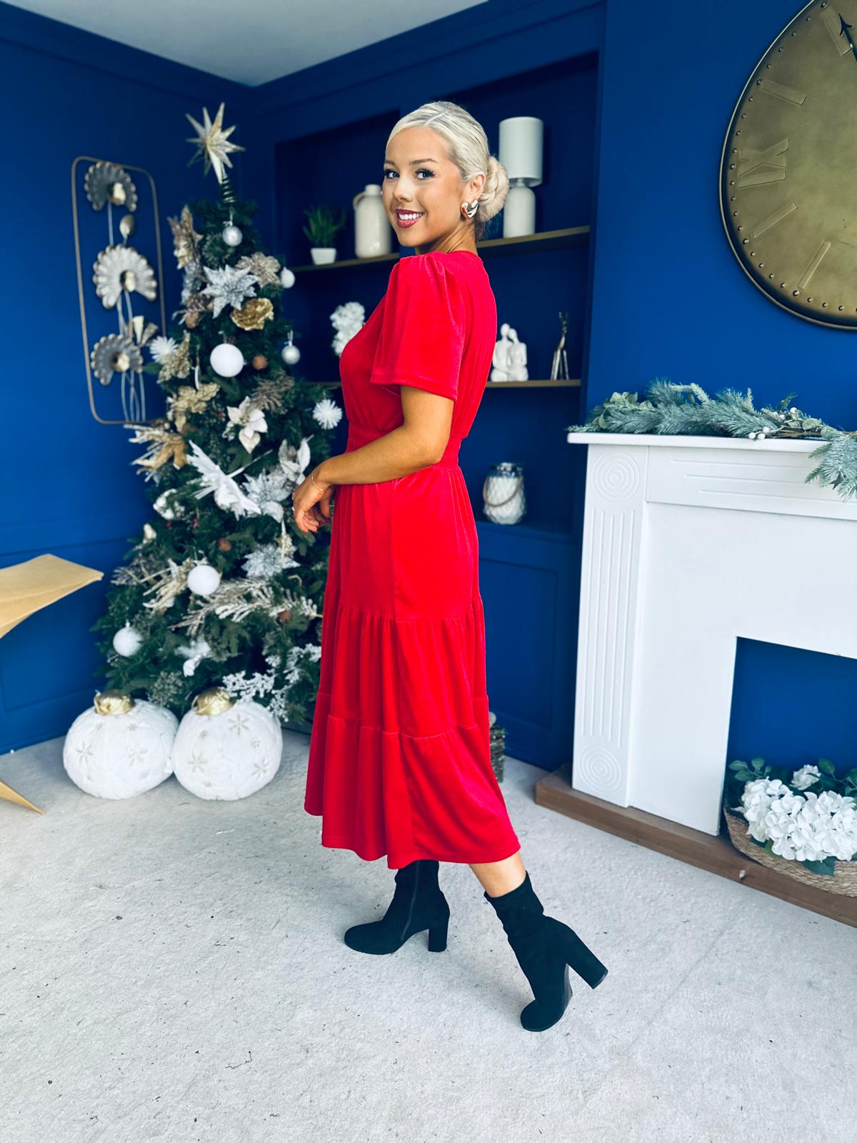 Bethany Detailed Velvet Midi Dress Red