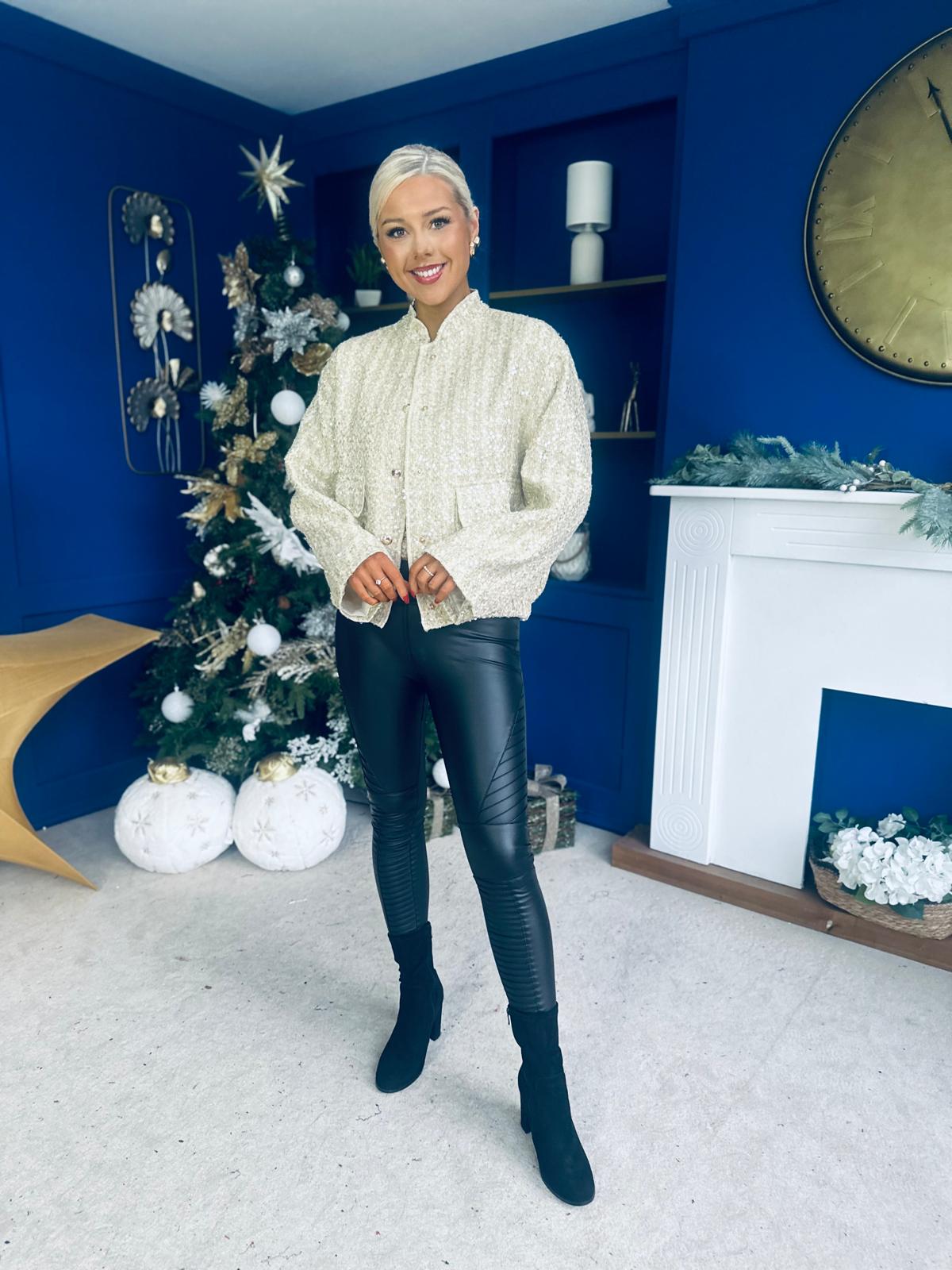 Sharon Tweed With Sequin Bomber Jacket Gold & Cream