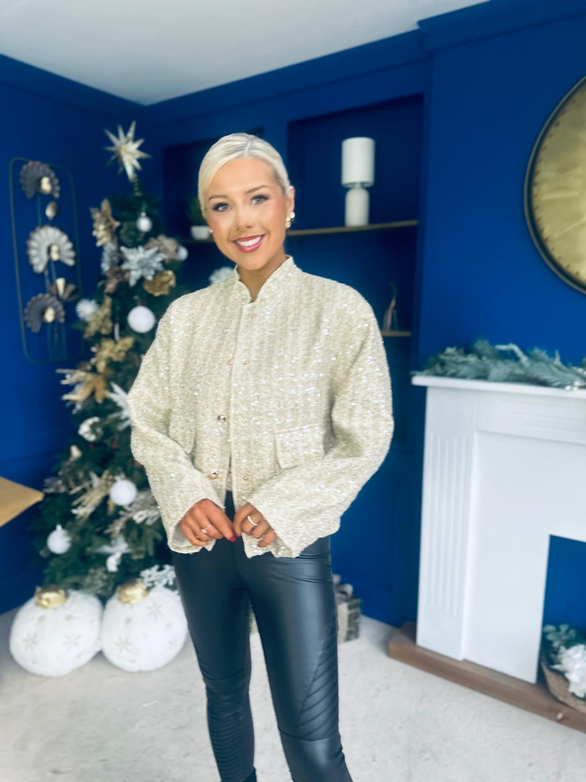 Sharon Tweed With Sequin Bomber Jacket Gold & Cream