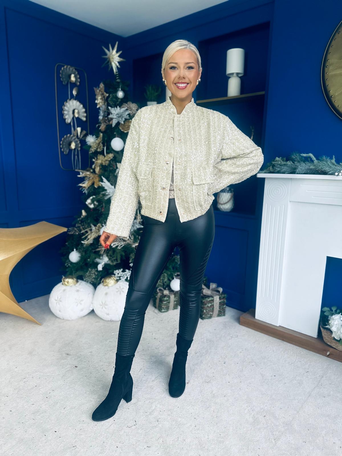 Sharon Tweed With Sequin Bomber Jacket Gold & Cream