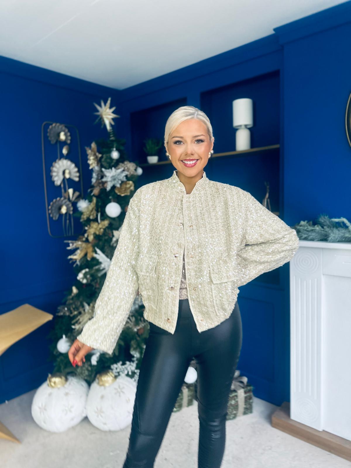 Sharon Tweed With Sequin Bomber Jacket Gold & Cream