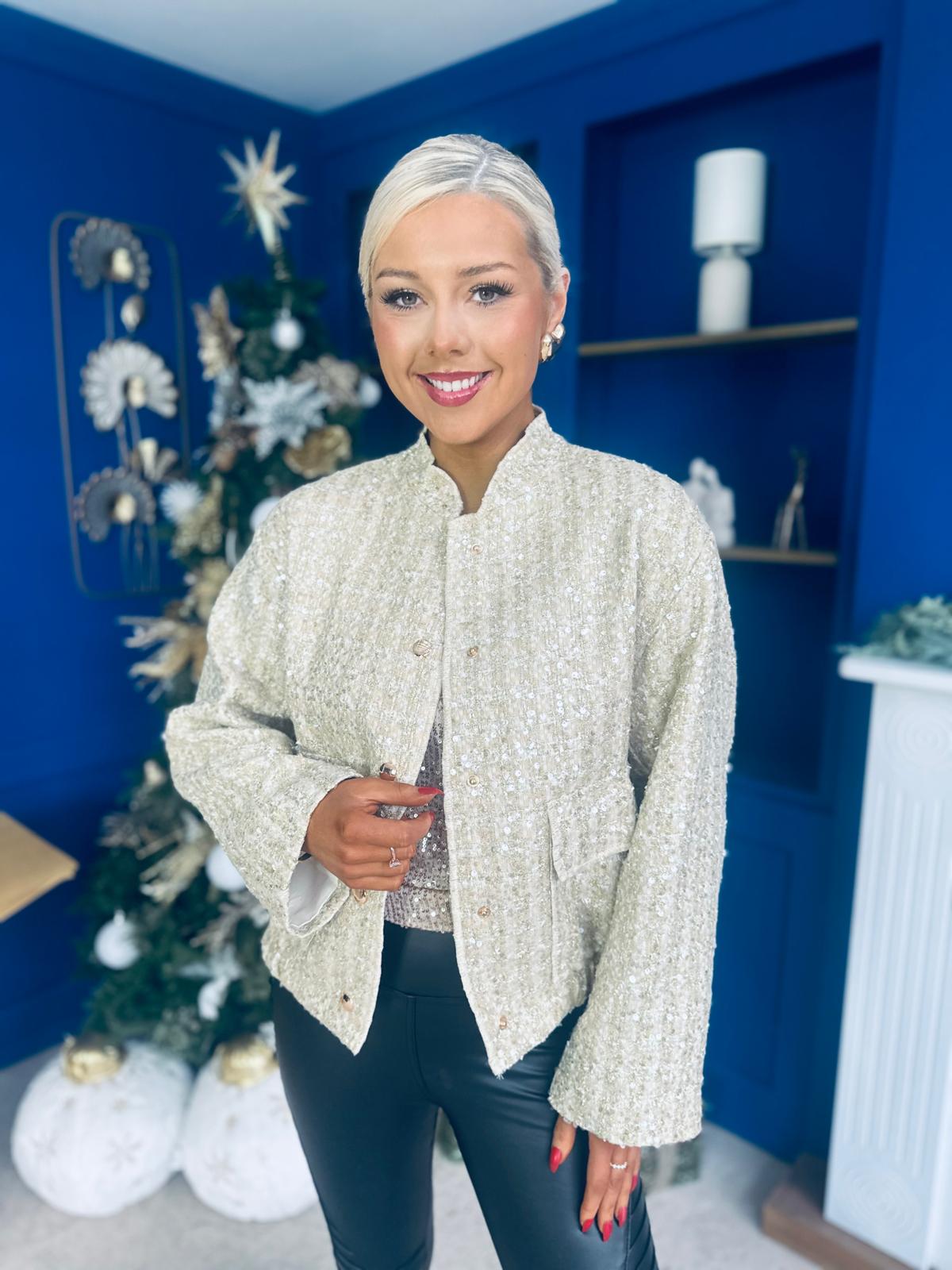 Sharon Tweed With Sequin Bomber Jacket Gold & Cream