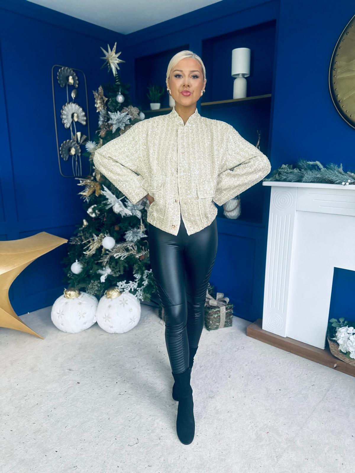 Sharon Tweed With Sequin Bomber Jacket Gold & Cream