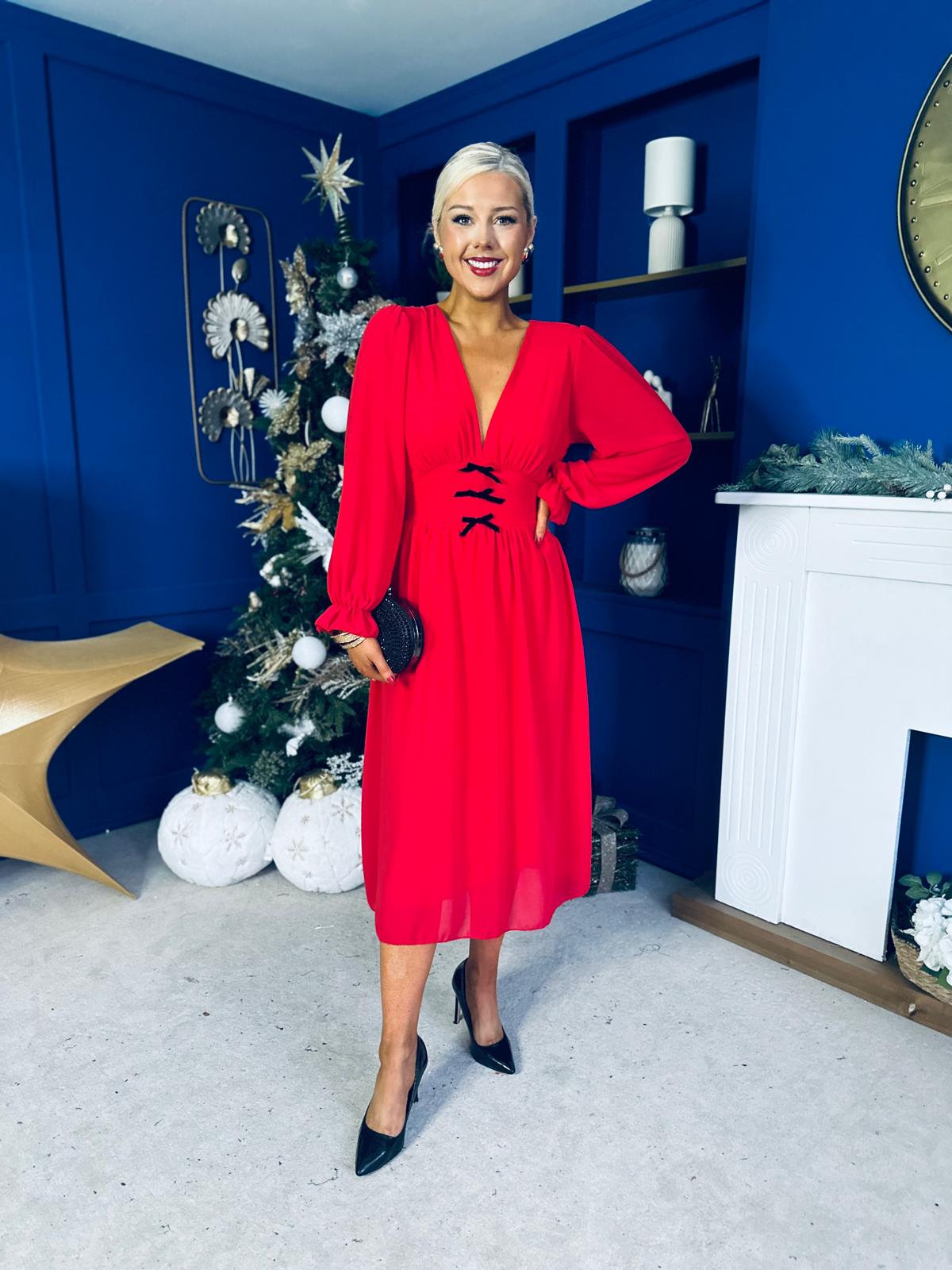 Orlaith Bow Detail Banded Midi Dress Red