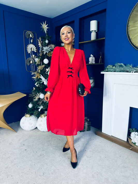 Orlaith Bow Detail Banded Midi Dress Red