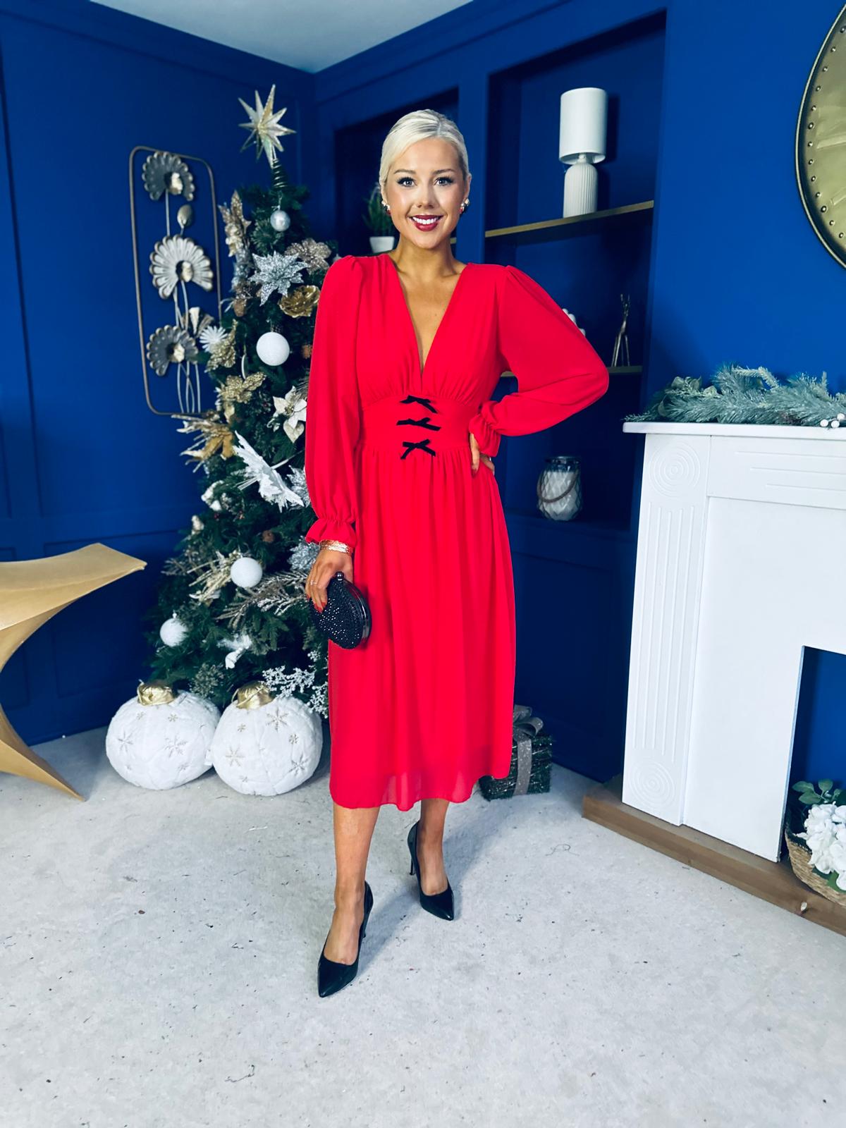 Orlaith Bow Detail Banded Midi Dress Red