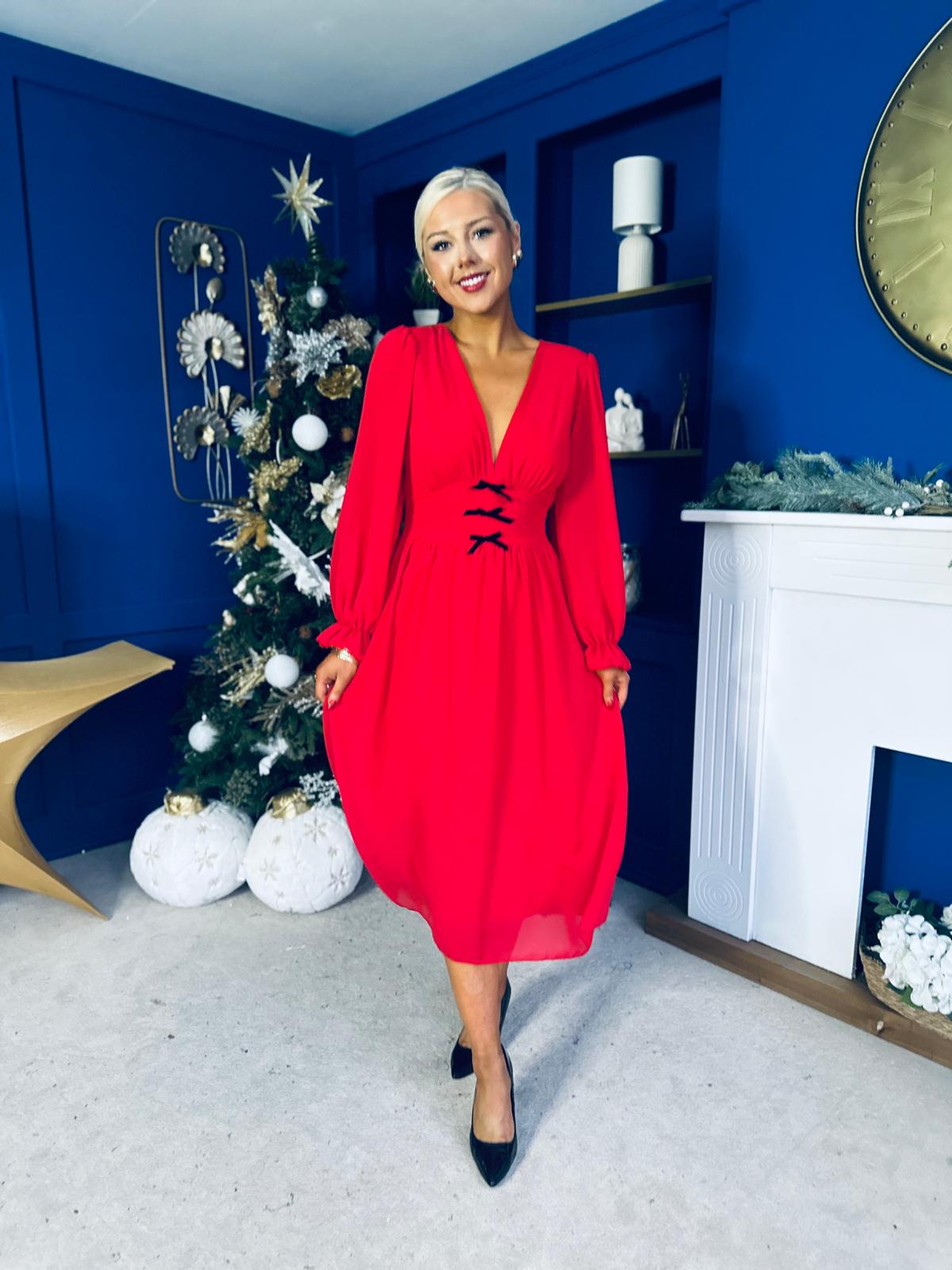 Orlaith Bow Detail Banded Midi Dress Red