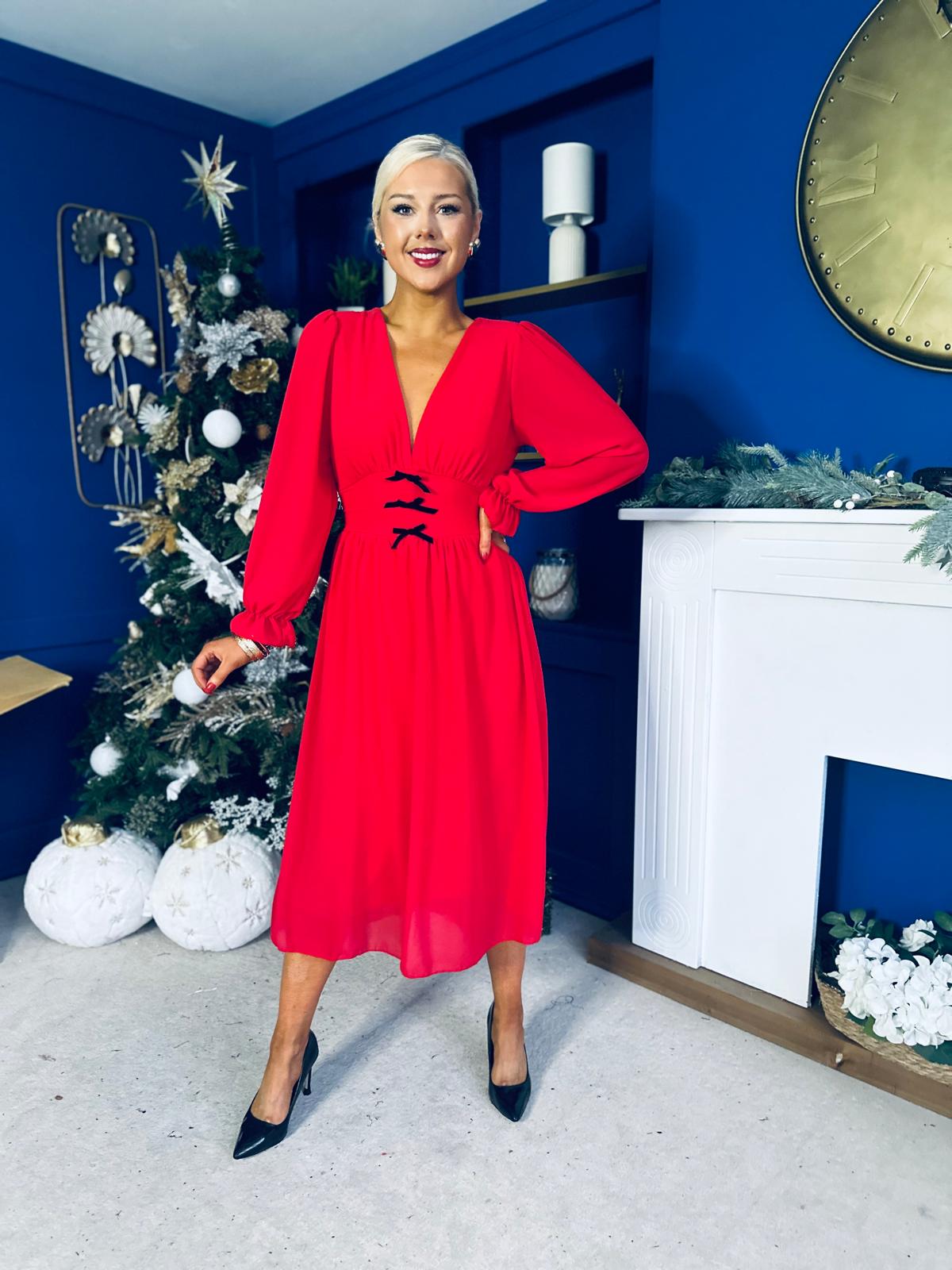 Orlaith Bow Detail Banded Midi Dress Red