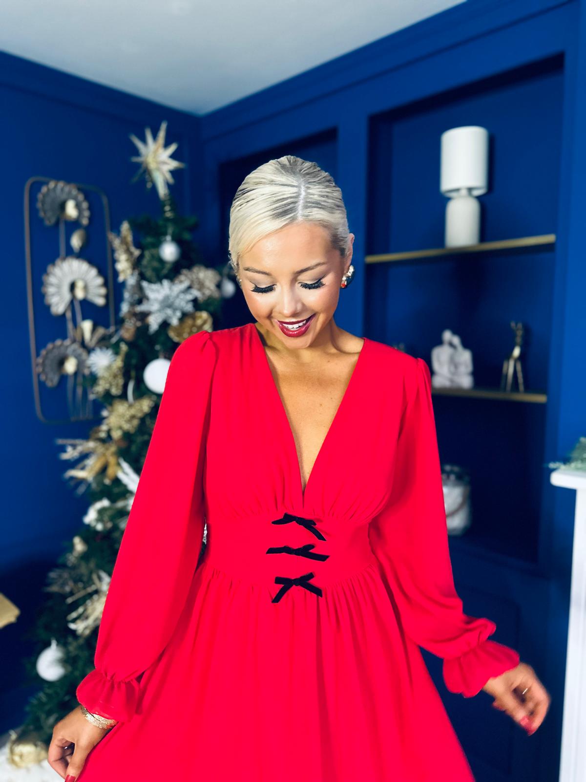 Orlaith Bow Detail Banded Midi Dress Red