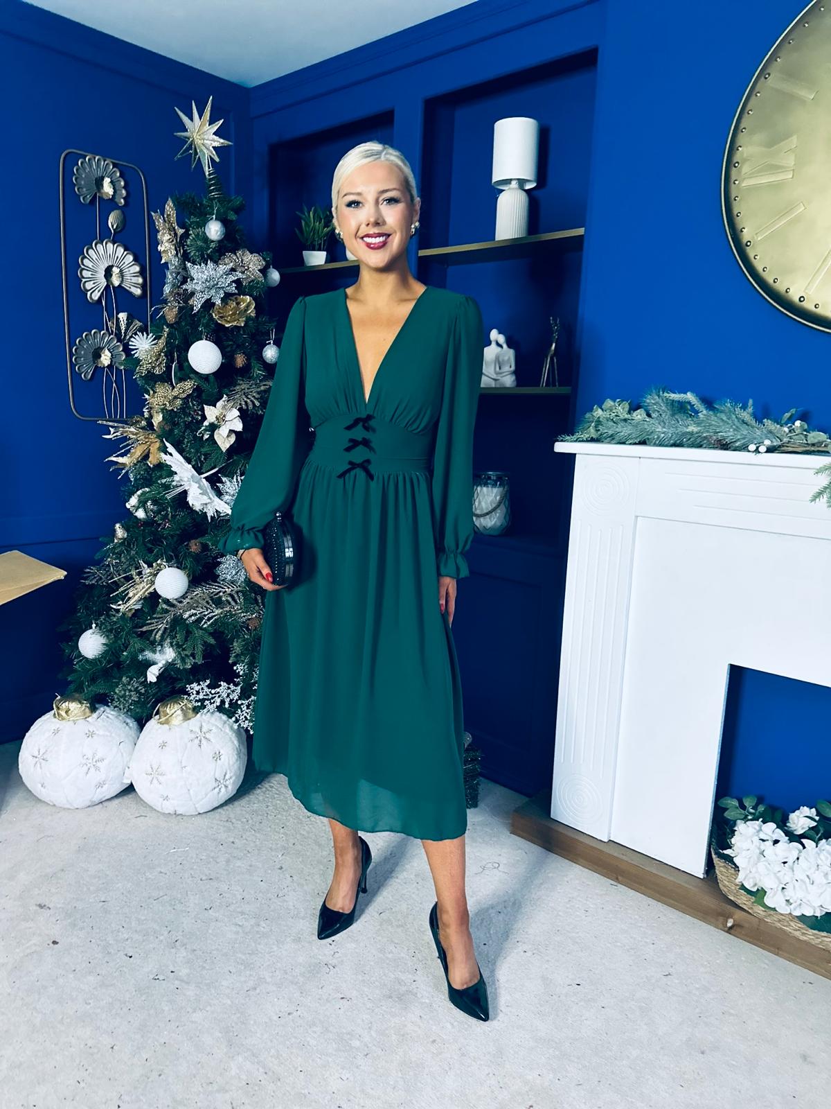 Orlaith Bow Detail Banded Midi Dress Forest